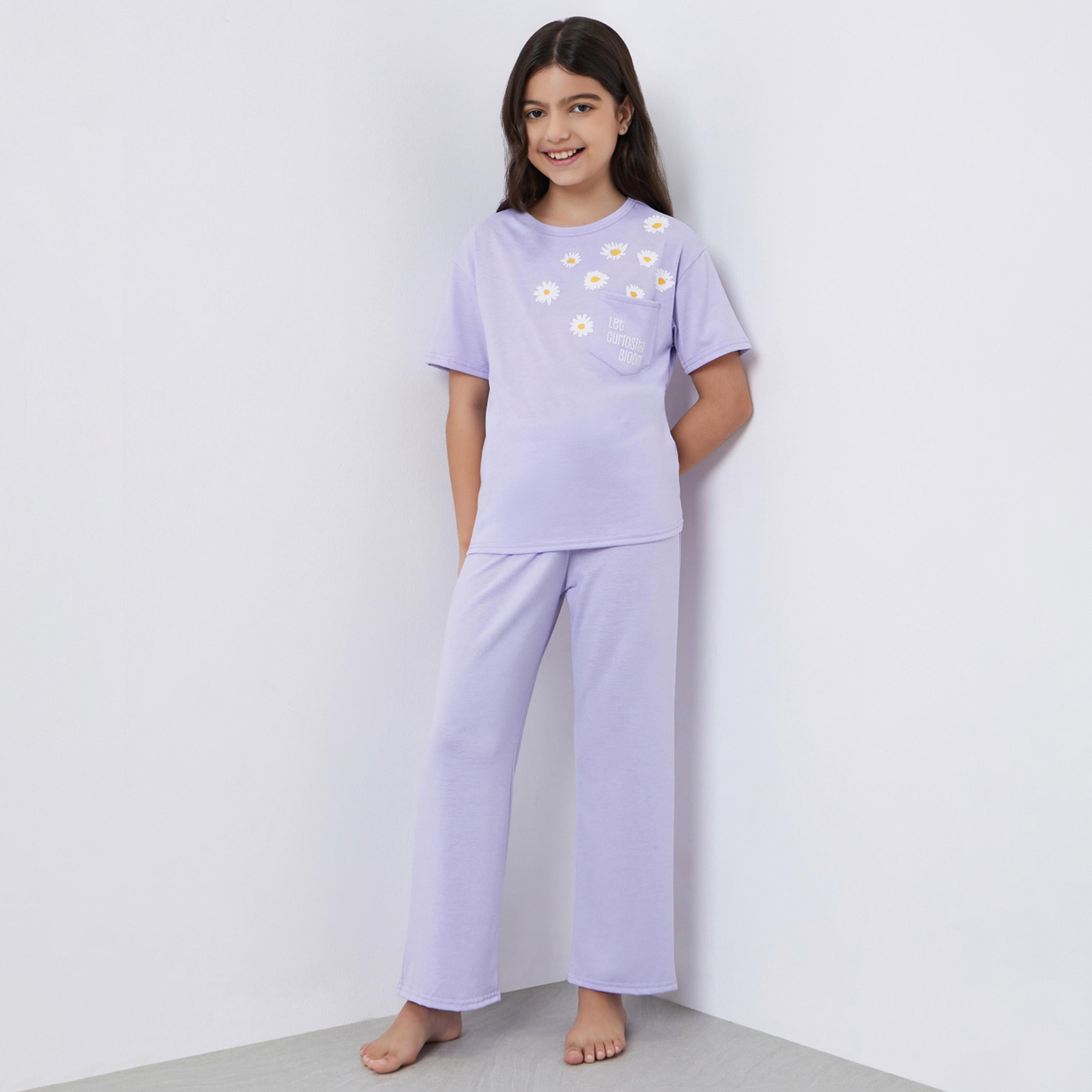 ستايلي - بيجاما تي شيرت بطبعة زهور أرجوانية للمراهقين-girls-clothing-nightwear-image-1