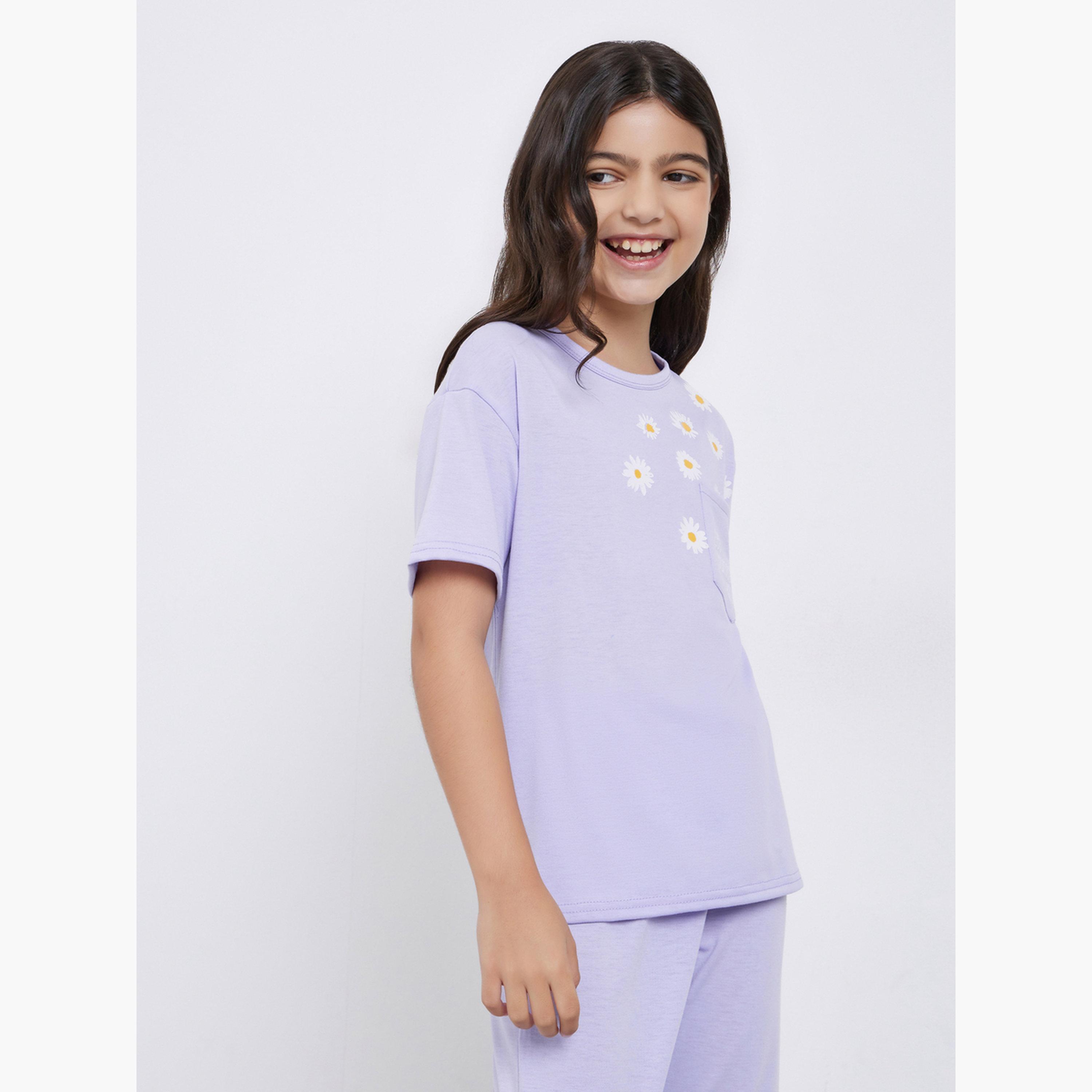 ستايلي - بيجاما تي شيرت بطبعة زهور أرجوانية للمراهقين-girls-clothing-nightwear-image-2