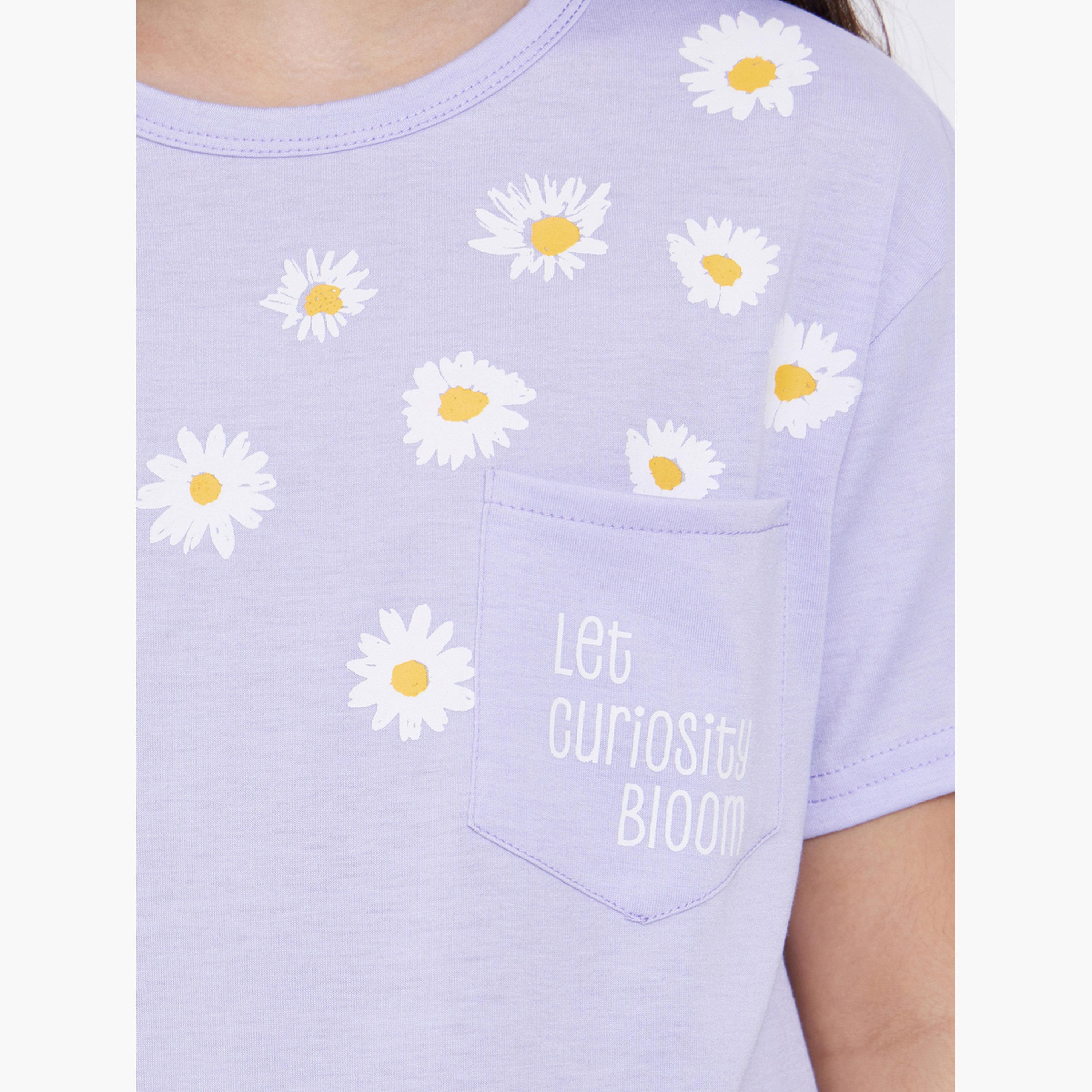 Styli Teens Lilac Floral Print T-Shirt and Pyjama Set-girls-clothing-nightwear-image-3