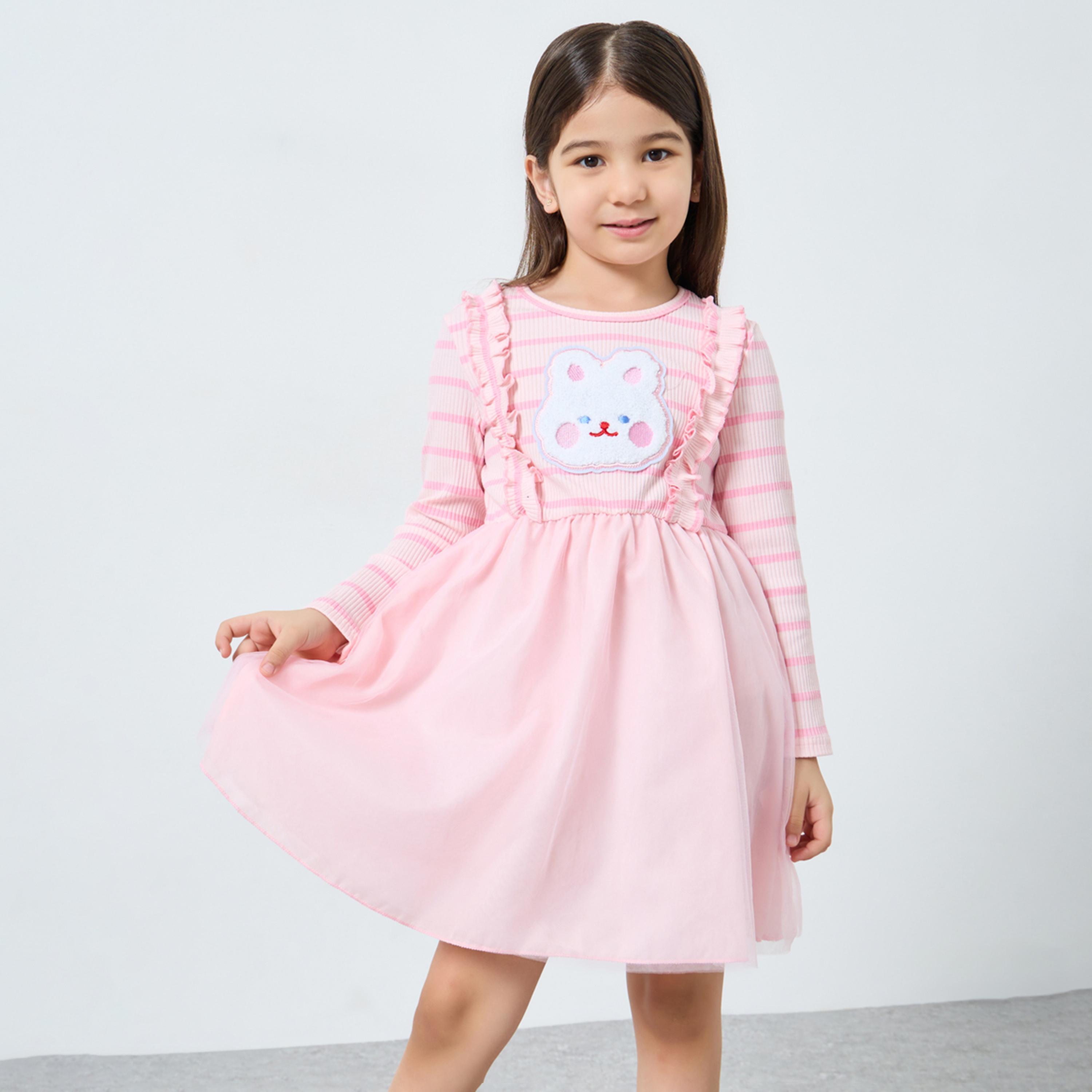 تيك تو - فستان بتصميم A مزين بدب وردي للبنات-girls-clothing-dressesandjumpsuits-image-1