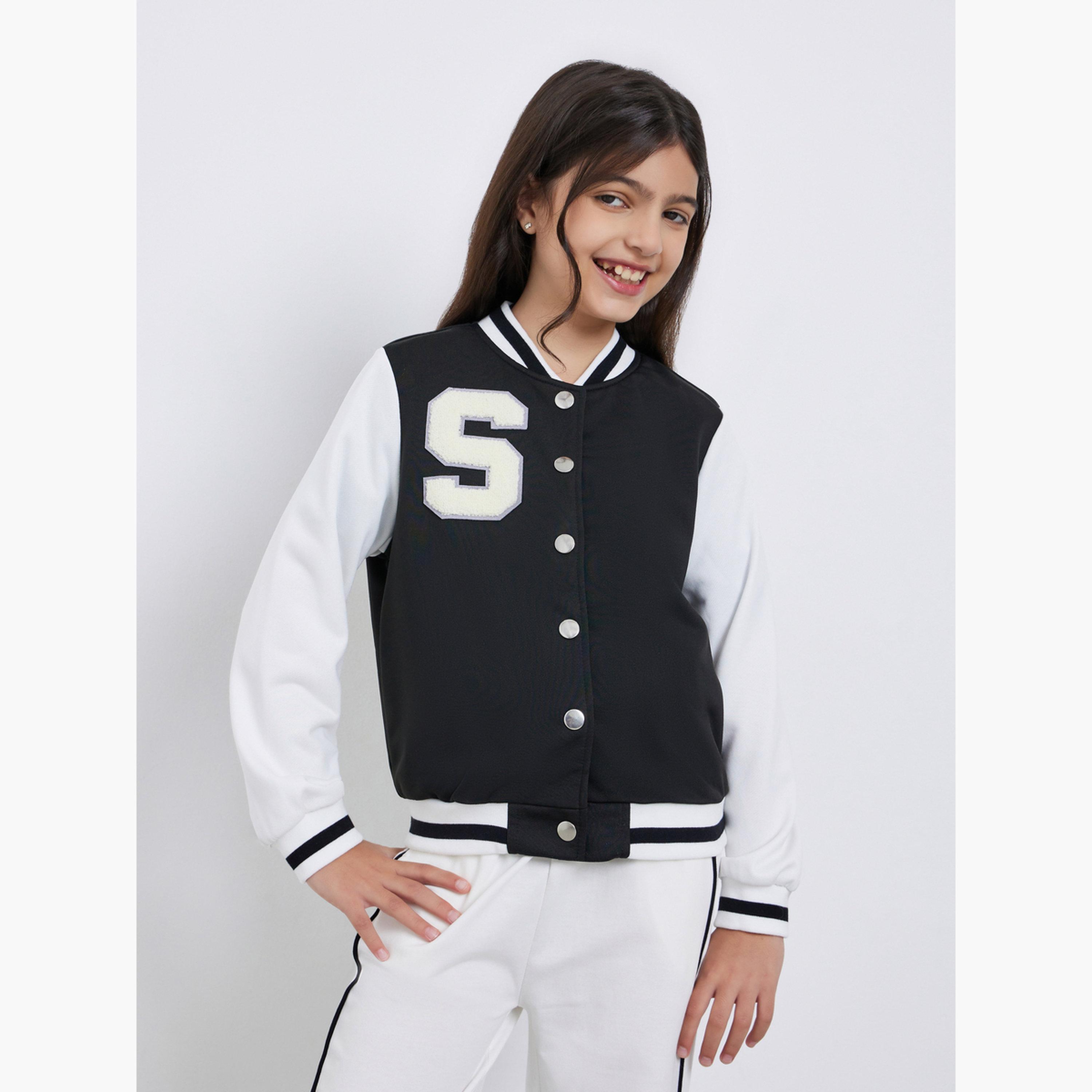 Styli Black Color Block Applique Detail Bomber Jacket-girls-clothing-jacketsandcoats-image-1