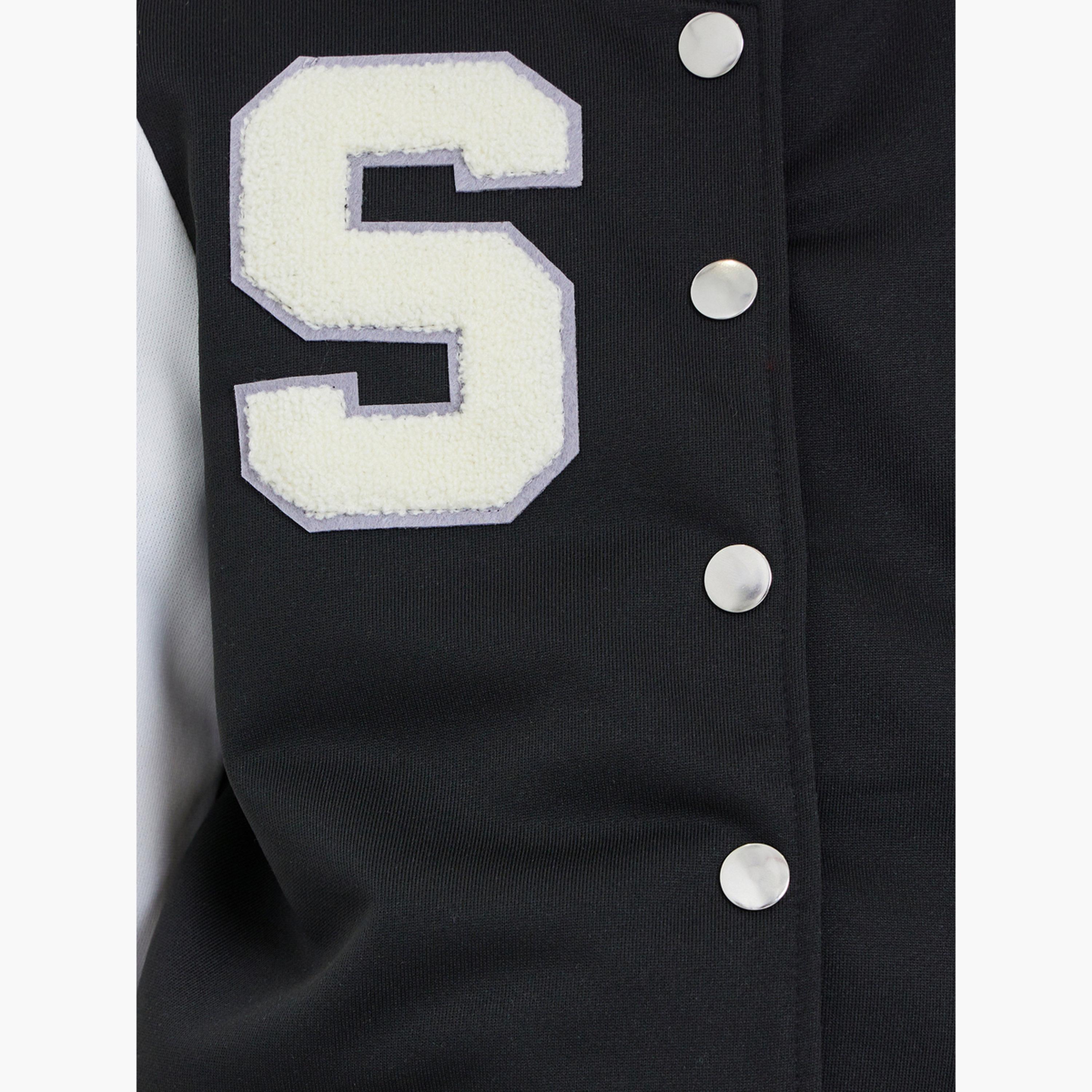 Styli Black Color Block Applique Detail Bomber Jacket-girls-clothing-jacketsandcoats-image-4