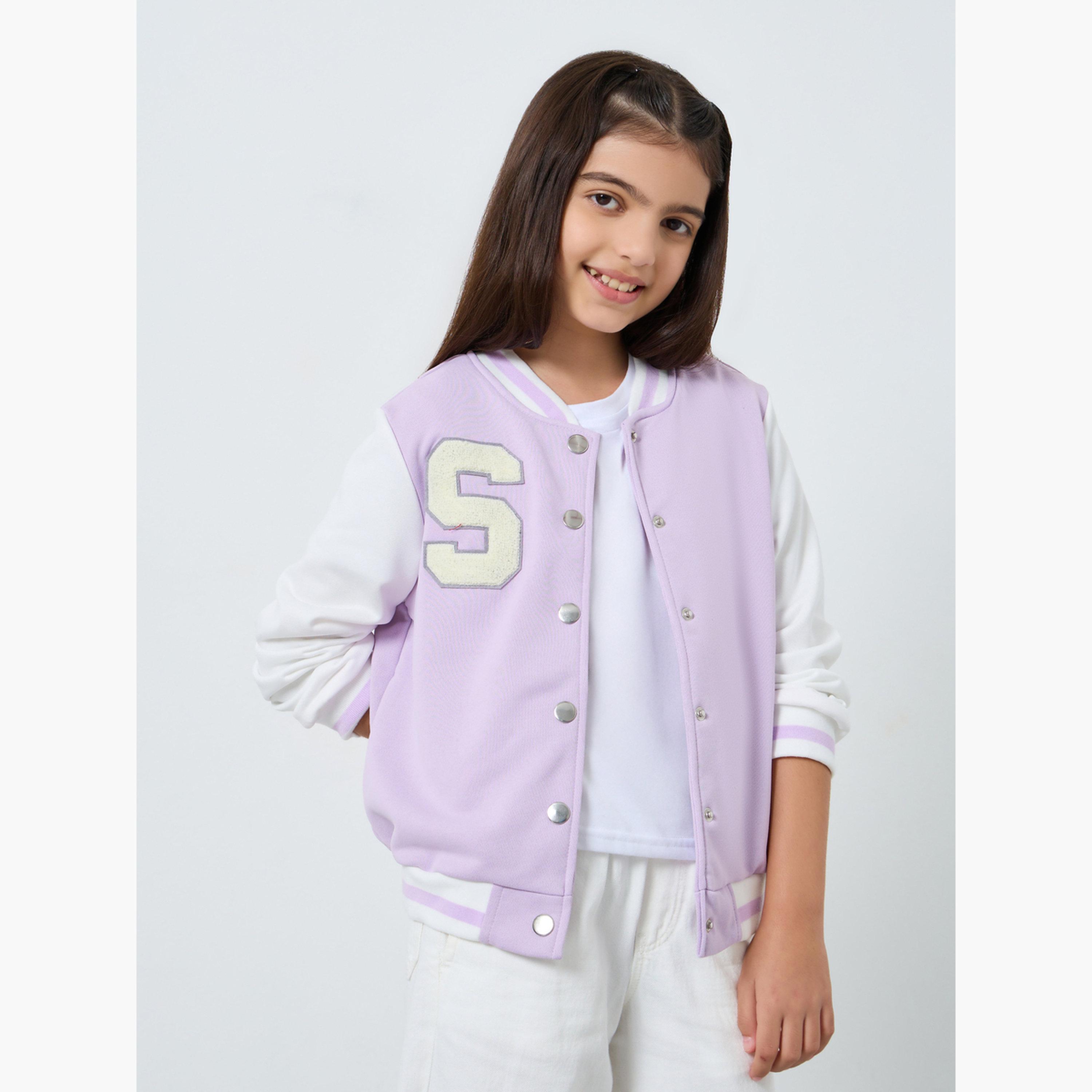 Styli Lilac Color Block Applique Detail Bomber Jacket-girls-clothing-winterwear-jacketsandcoats-image-1