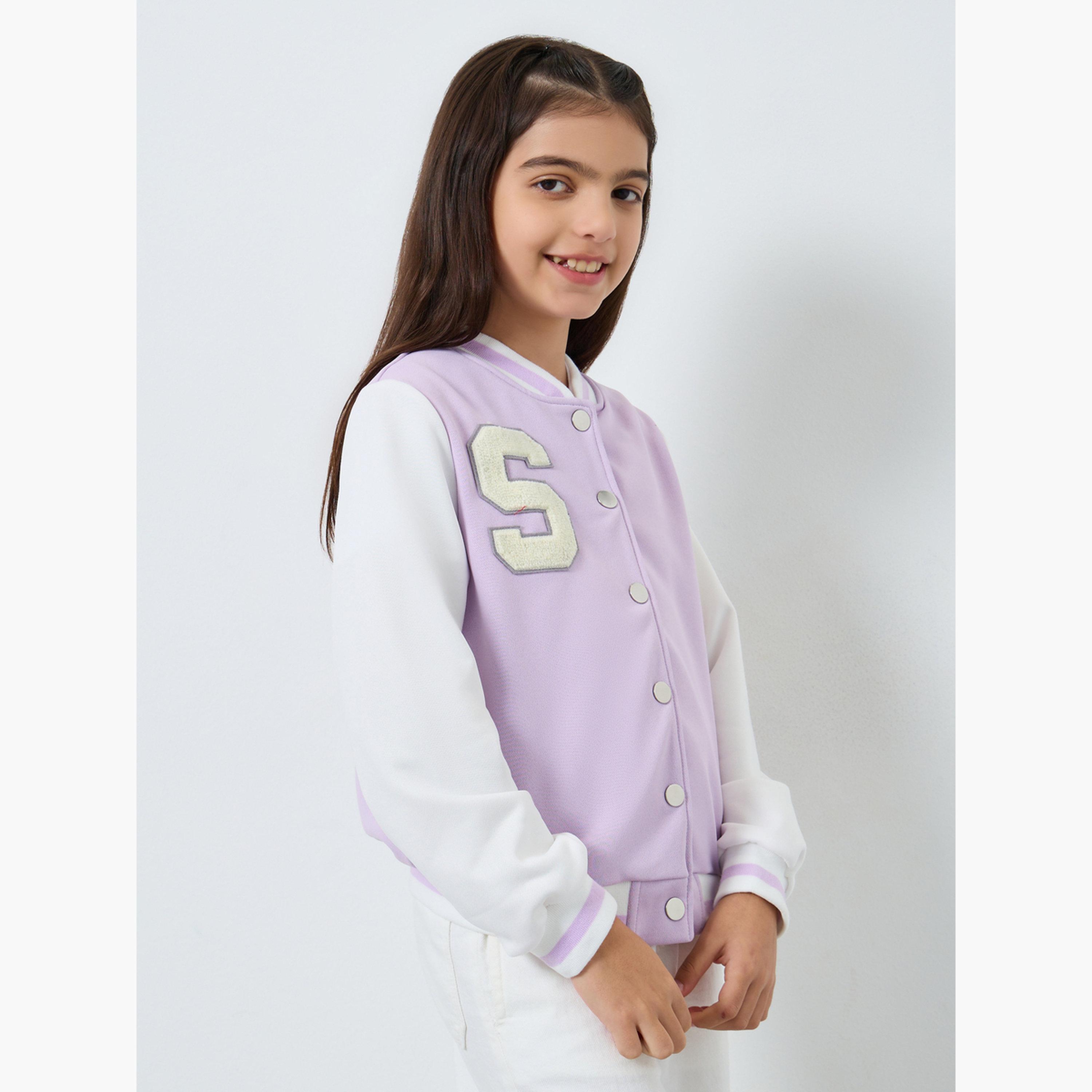 Styli Lilac Color Block Applique Detail Bomber Jacket-girls-clothing-winterwear-jacketsandcoats-image-3