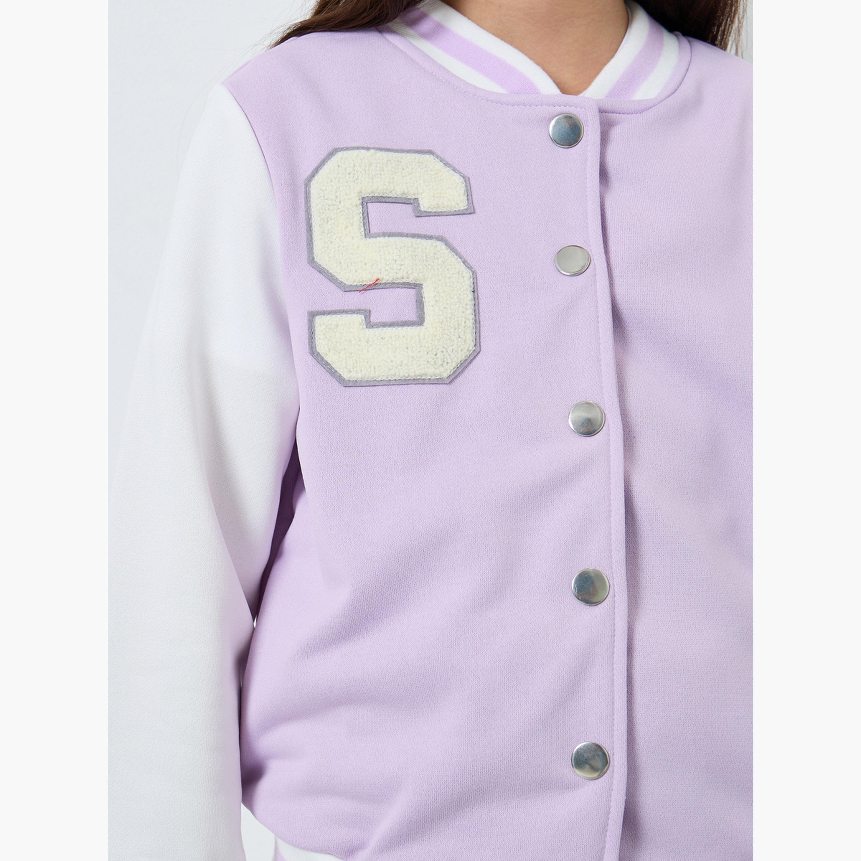 Styli Lilac Color Block Applique Detail Bomber Jacket-girls-clothing-winterwear-jacketsandcoats-image-5