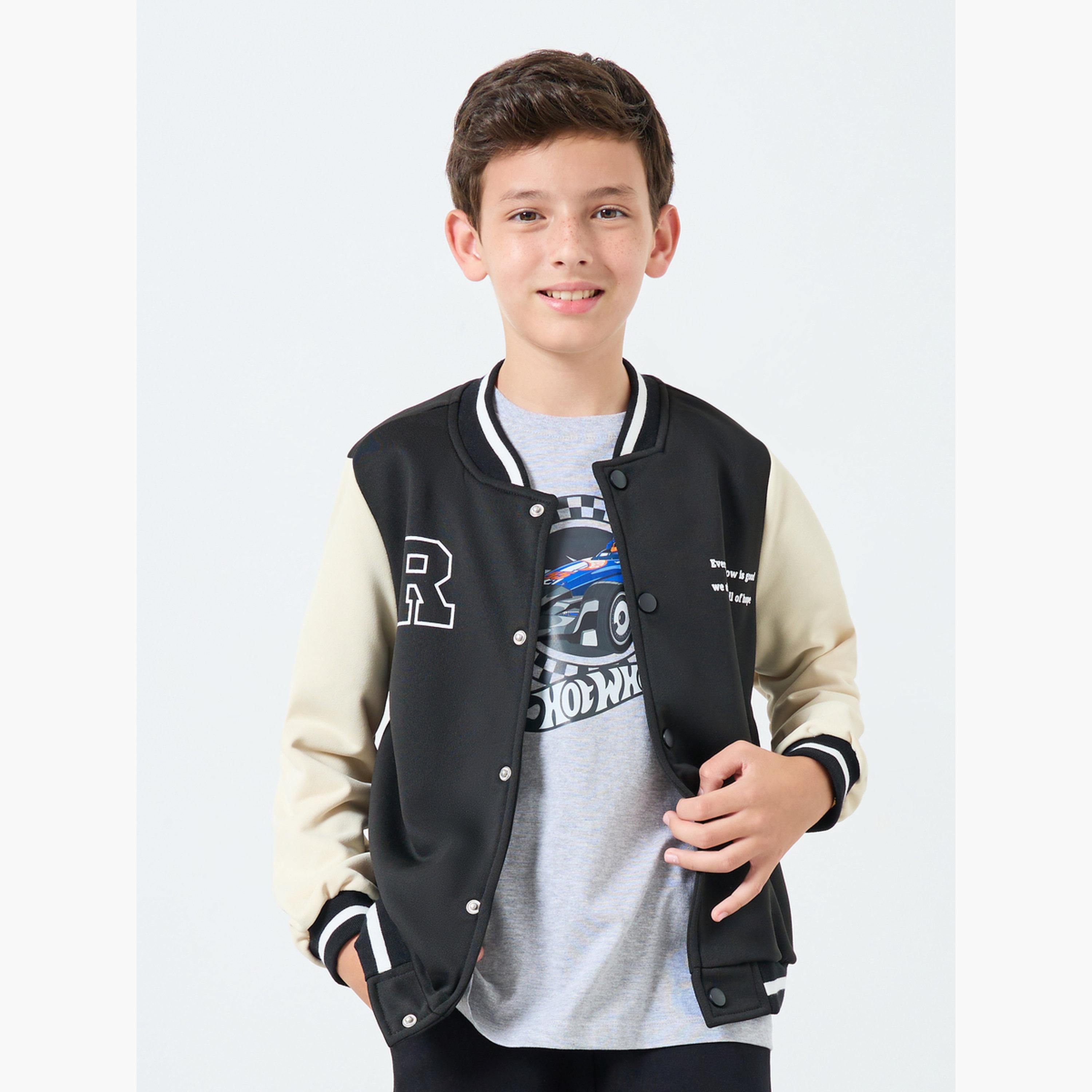 Styli Teens Black Color Block Bomber Jacket-boys-clothing-jacketsandcoats-image-1