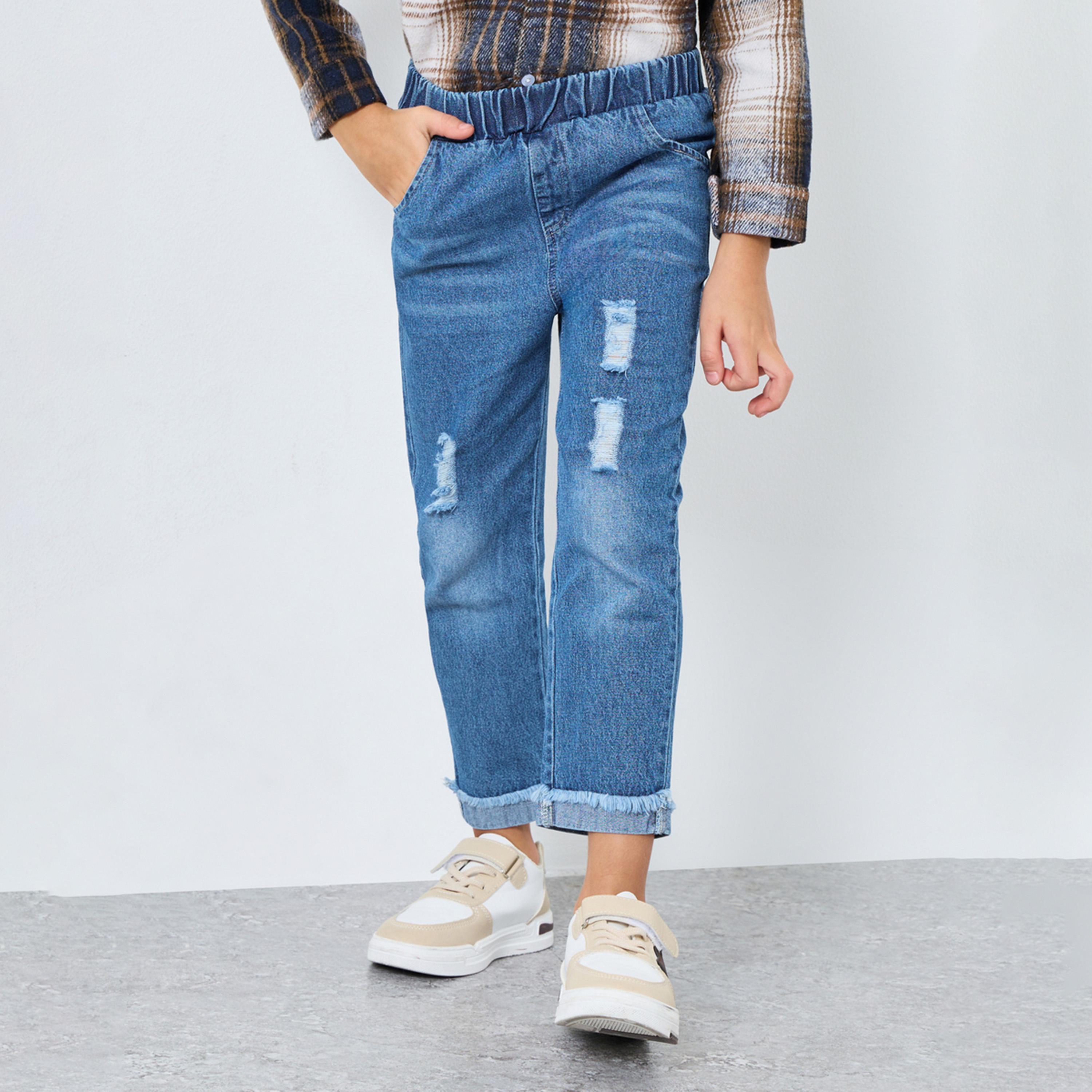 ستايلي - بنطال جينز أزرق بقصّة مستقيمة وممزقة مع حزام خصر مطاطي-boys-clothing-bottoms-jeans-image-1