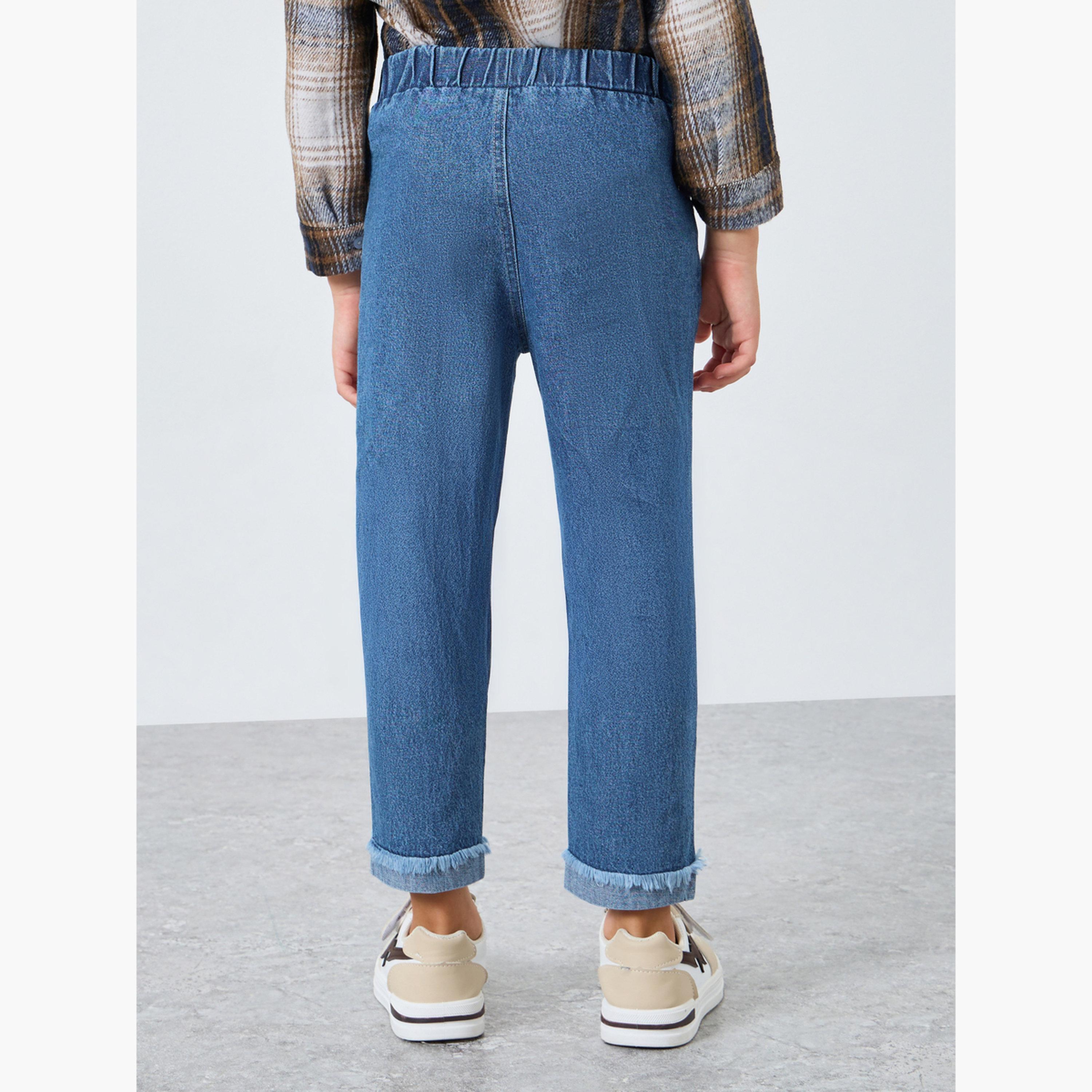 Styli Blue Distressed Straight Fit Jeans with Elasticated Wasitband-boys-clothing-bottoms-jeans-image-3