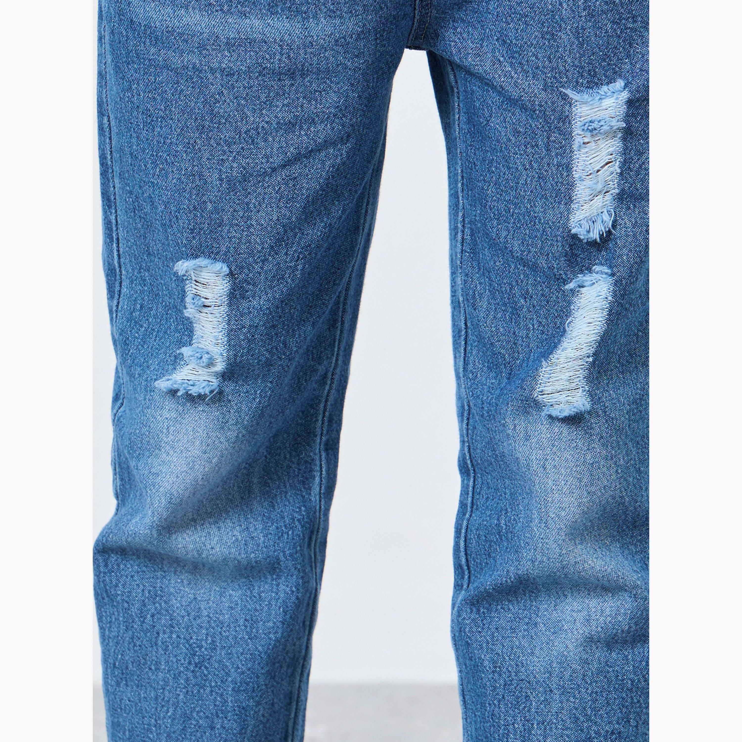 Styli Blue Distressed Straight Fit Jeans with Elasticated Wasitband-boys-clothing-bottoms-jeans-image-4