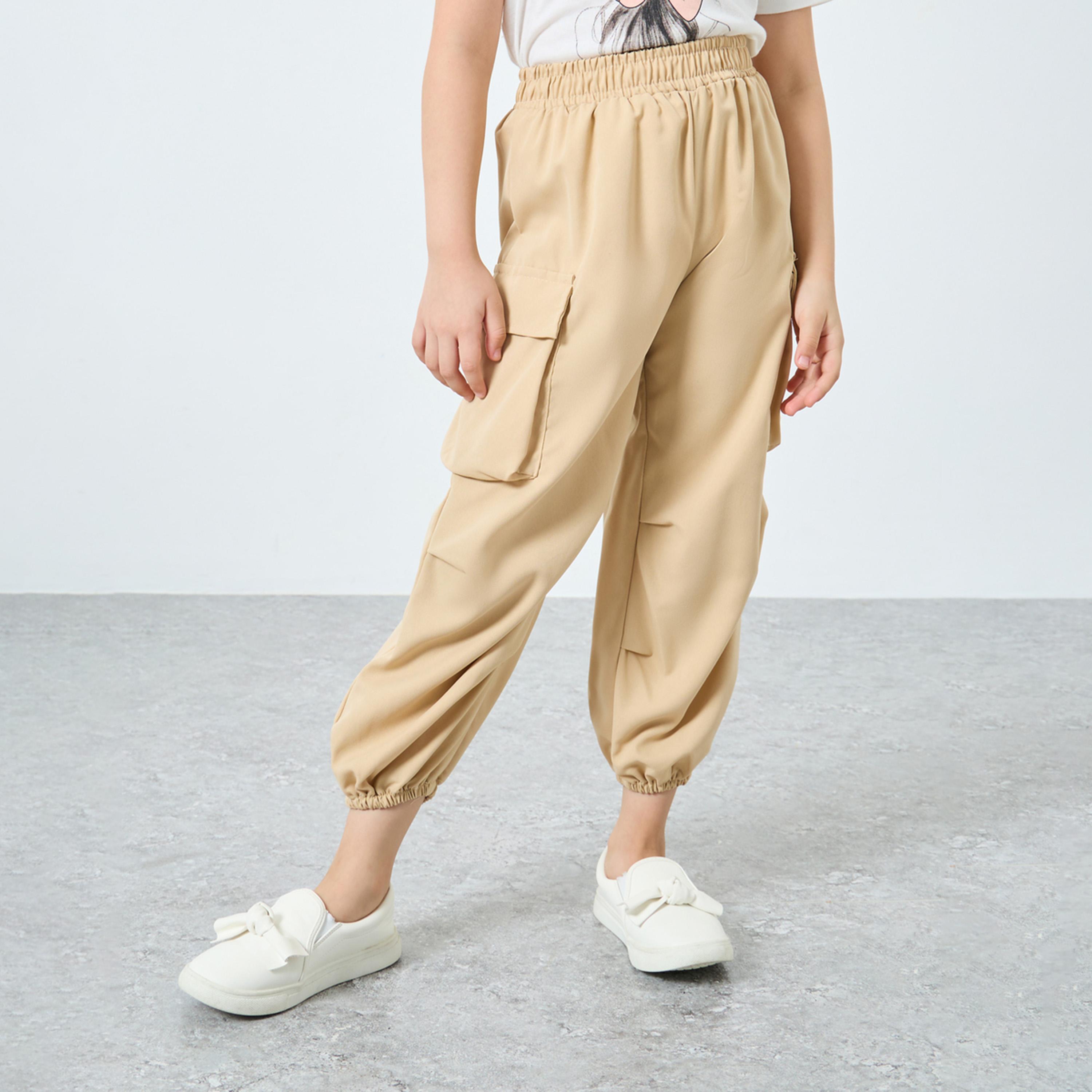 Styli Girls Beige Solid Cargo Pocket Joggers with Elasticated Waistband-girls-clothing-bottoms-joggersandtrackpants-image-1