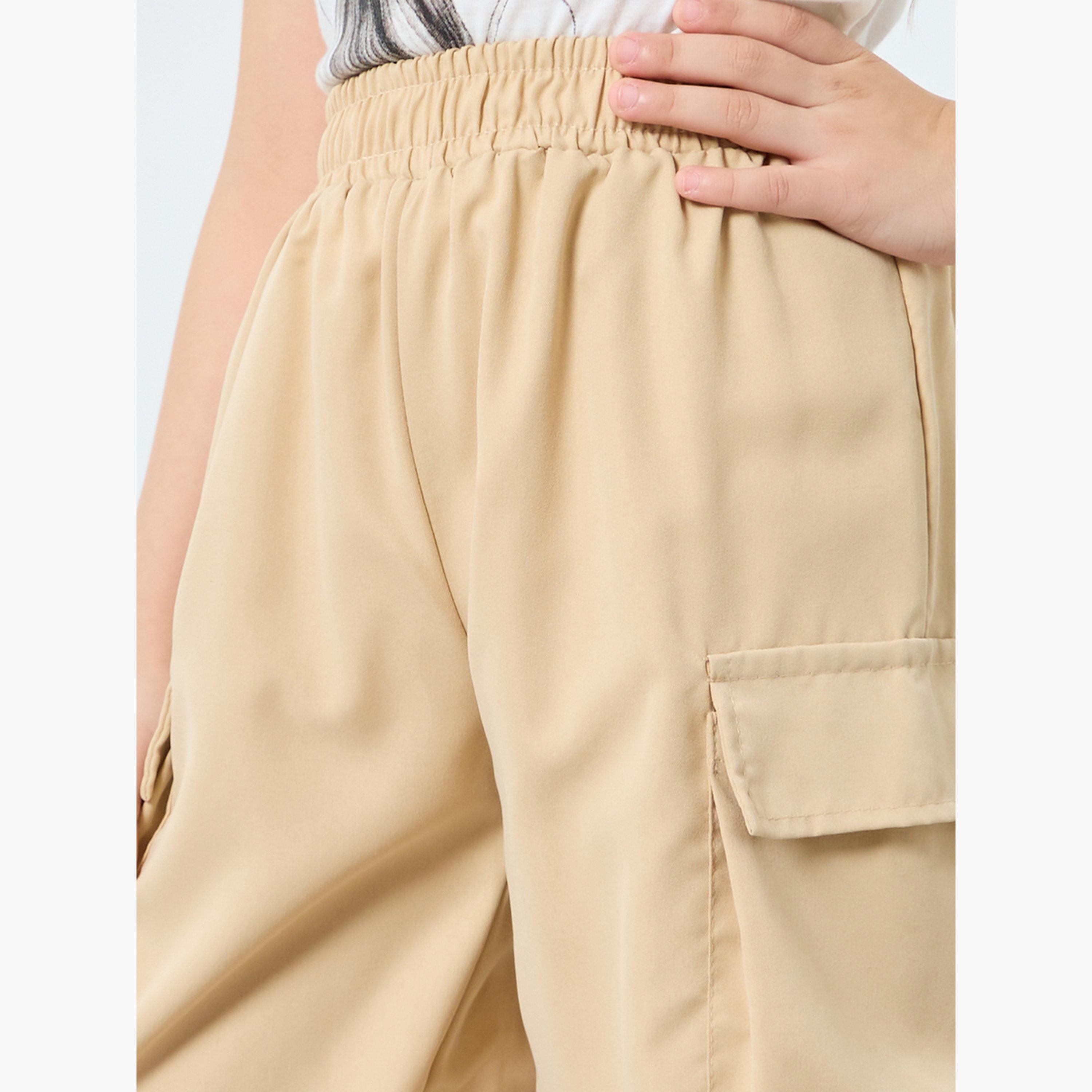 Styli Girls Beige Solid Cargo Pocket Joggers with Elasticated Waistband-girls-clothing-bottoms-joggersandtrackpants-image-3