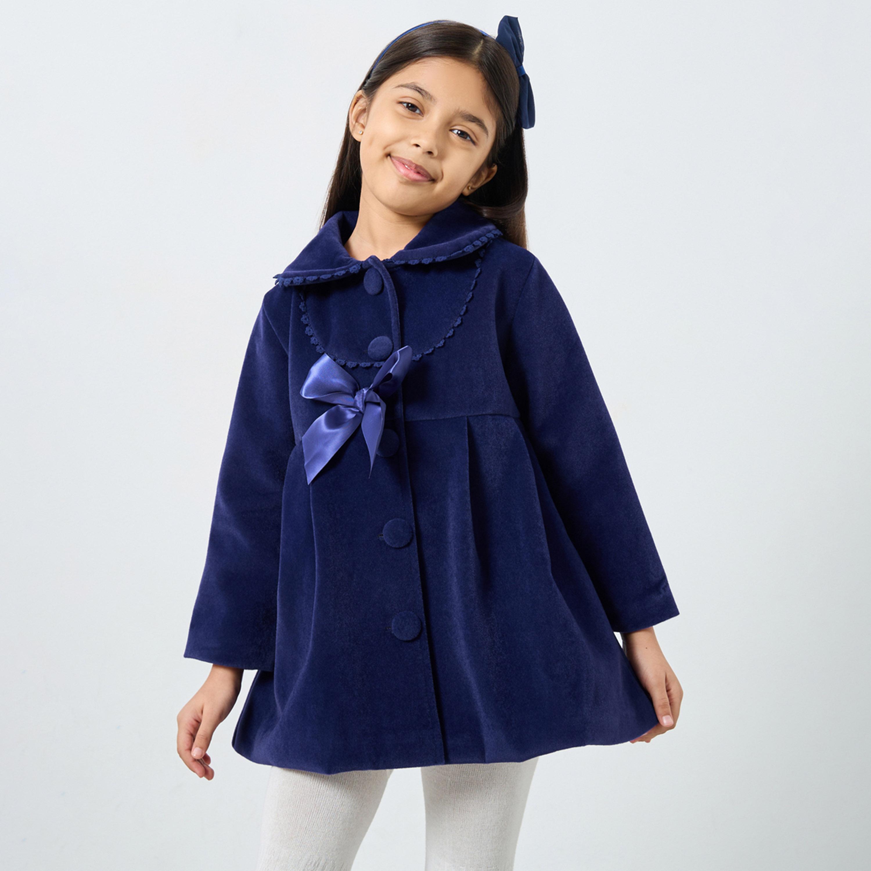Styli Girls Blue Solid Button Detail Coat with Bow Detail-girls-clothing-winterwear-jacketsandcoats-image-1