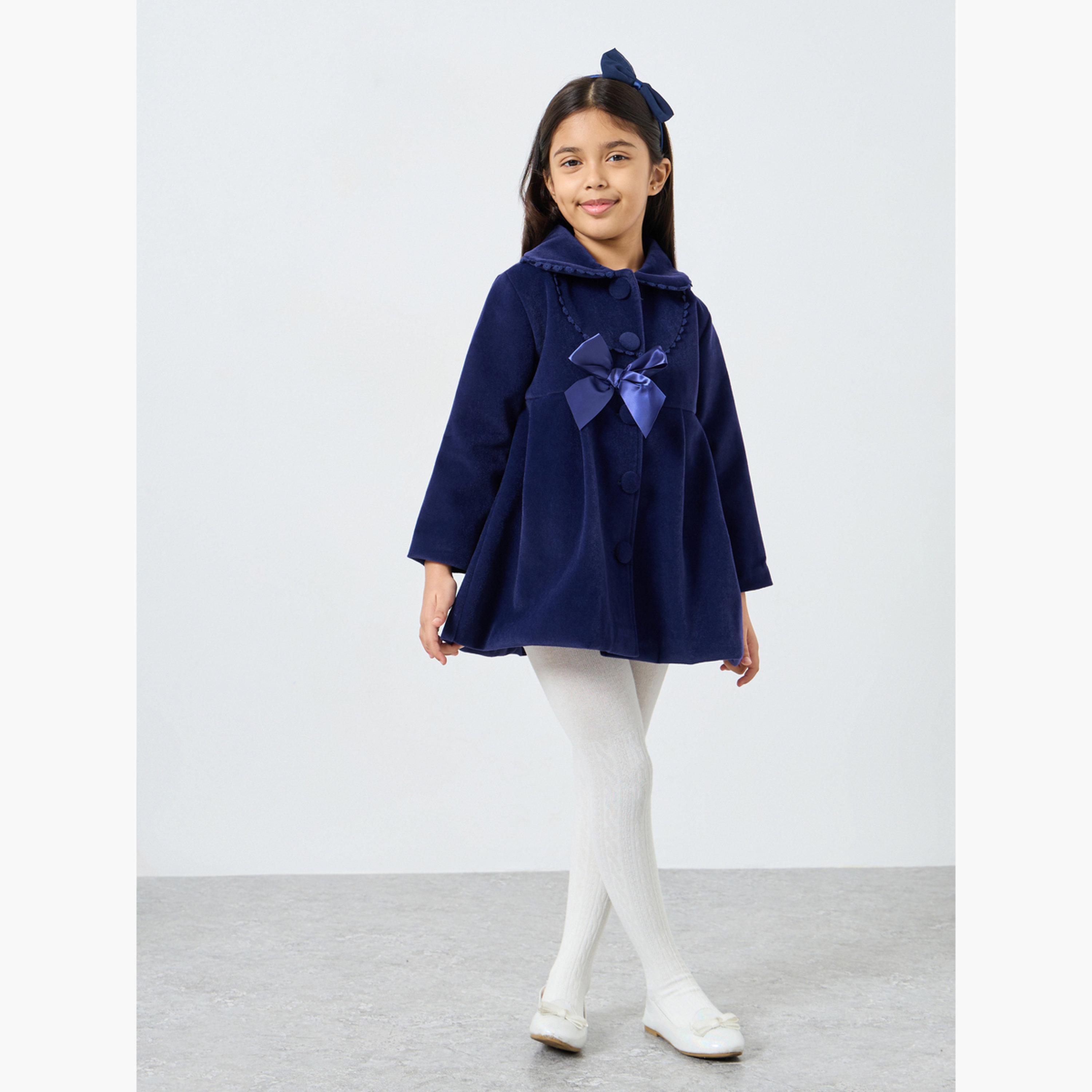 Styli Girls Blue Solid Button Detail Coat with Bow Detail-girls-clothing-winterwear-jacketsandcoats-image-2