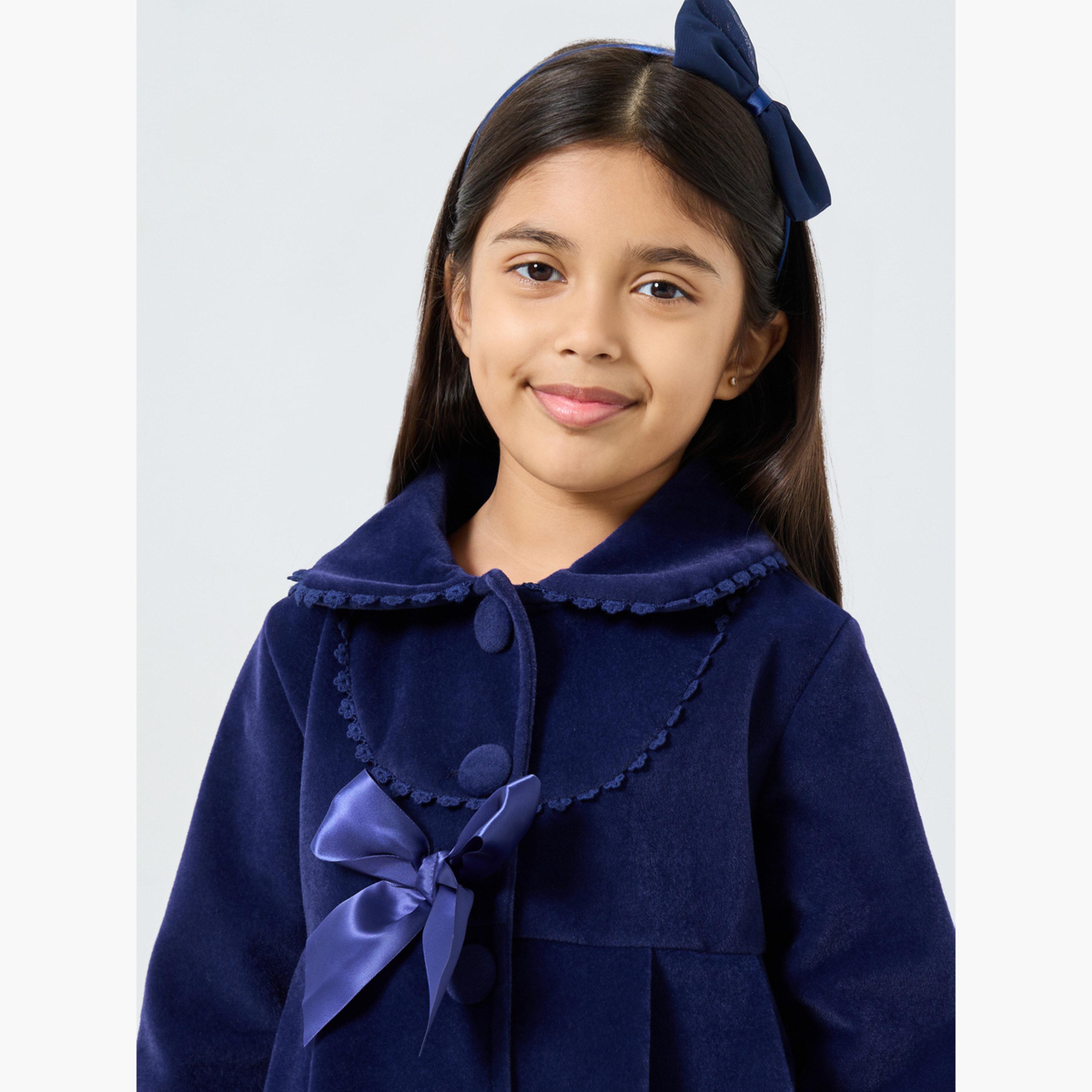 Styli Girls Blue Solid Button Detail Coat with Bow Detail-girls-clothing-winterwear-jacketsandcoats-image-3