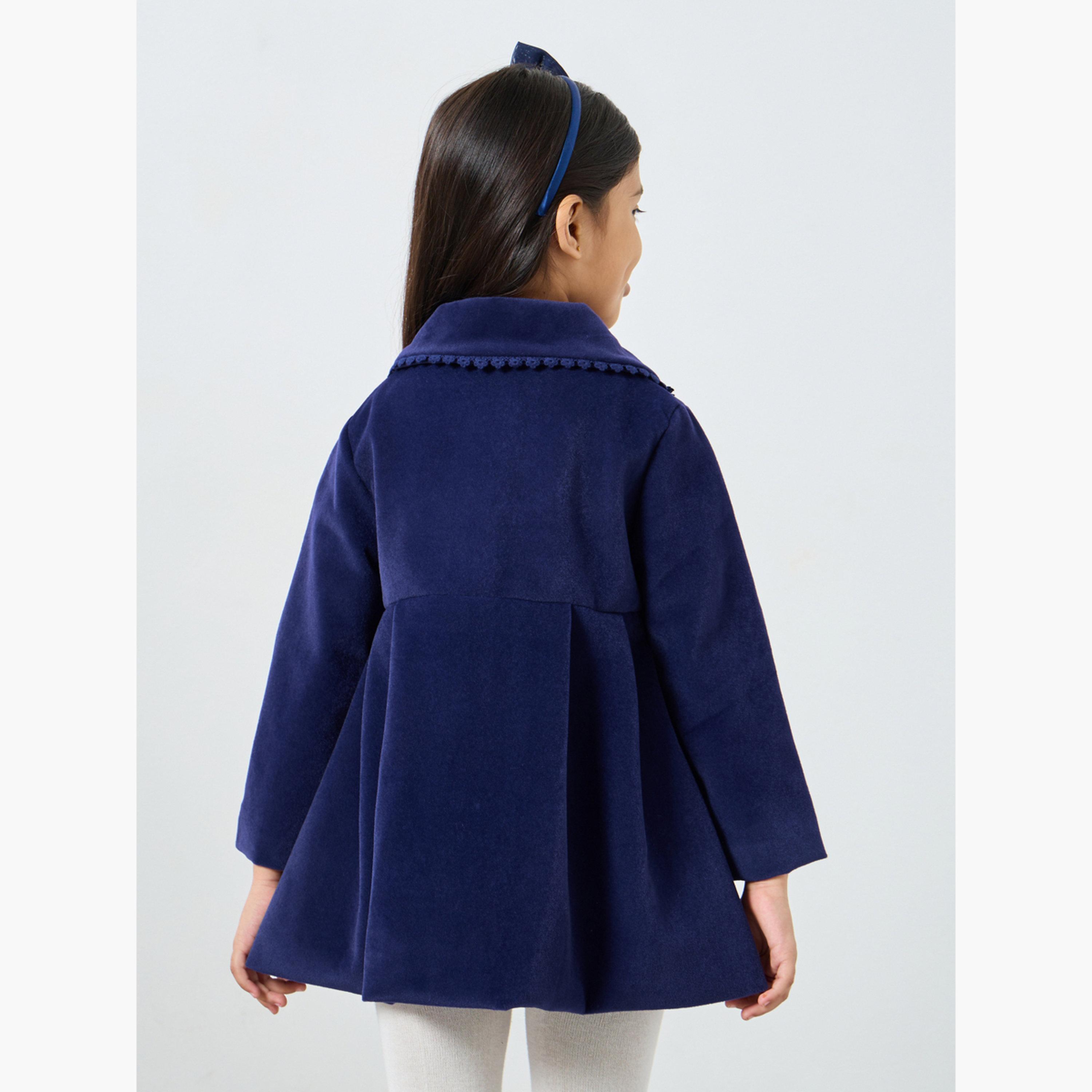 Styli Girls Blue Solid Button Detail Coat with Bow Detail-girls-clothing-winterwear-jacketsandcoats-image-4