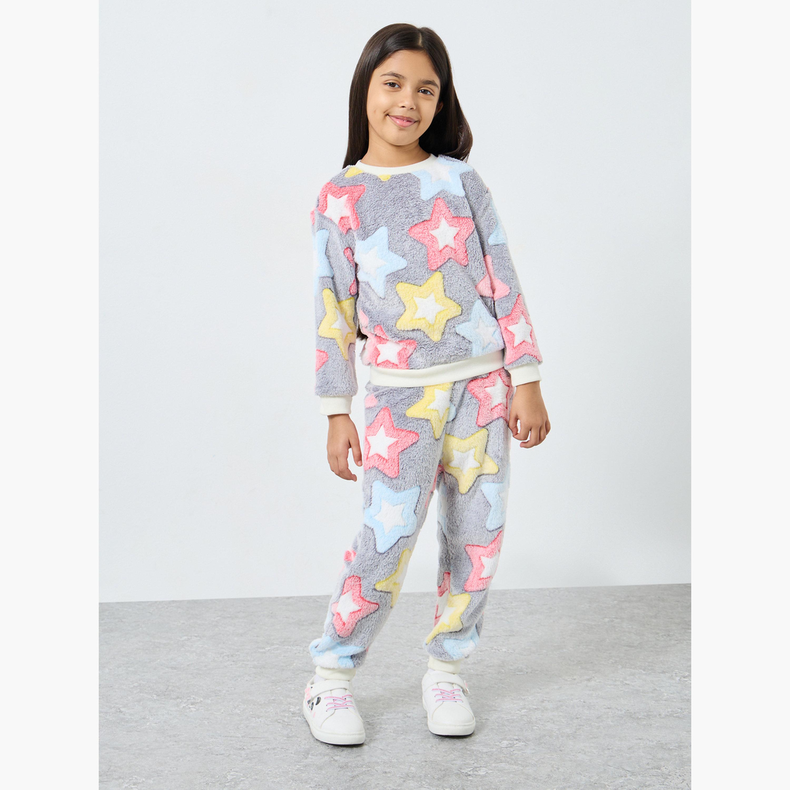 ستايلي - طقم سويت شيرت وبنطال رياضي من الفرو الصناعي بطبعة نجوم للبنات-girls-clothing-setsandcoords-image-2
