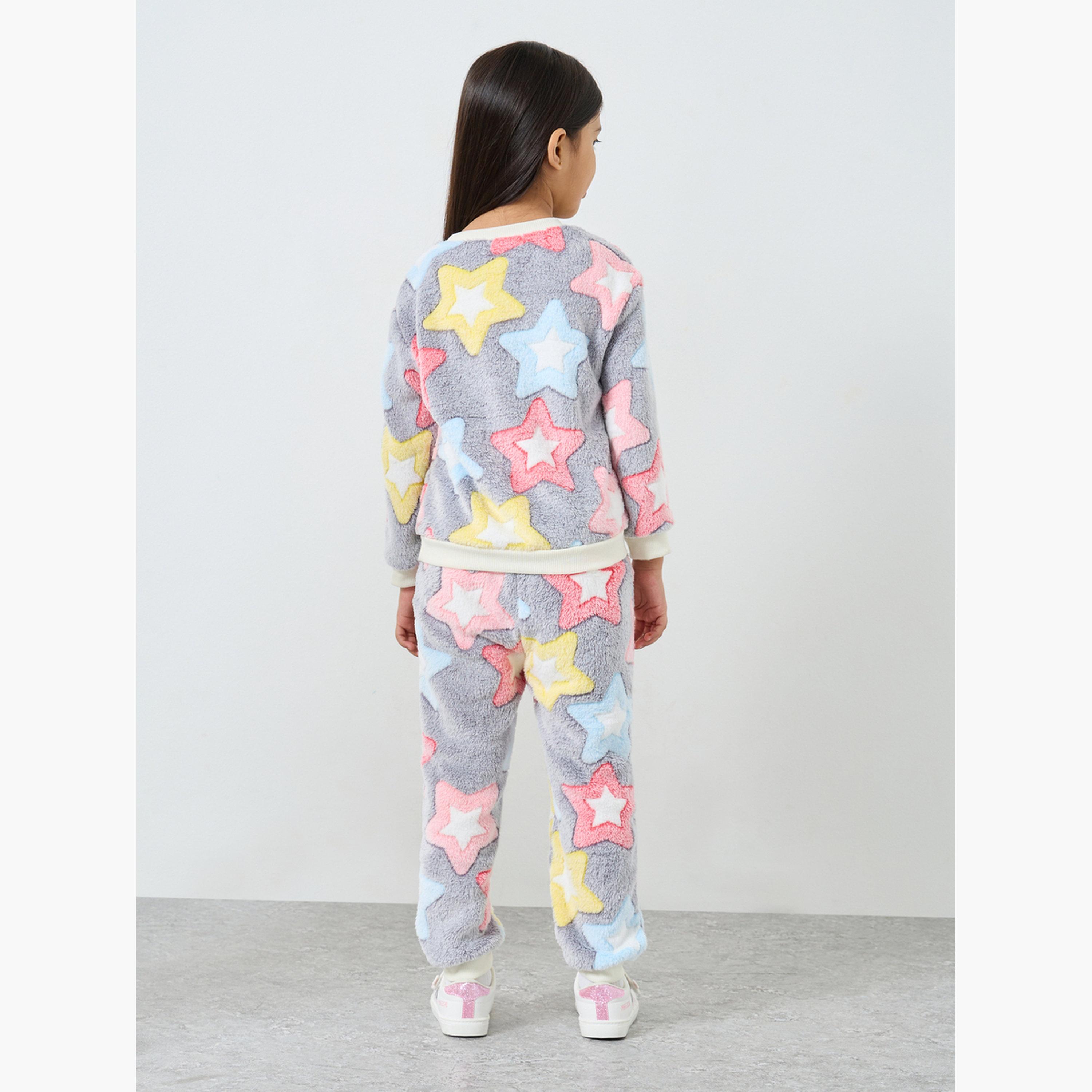 ستايلي - طقم سويت شيرت وبنطال رياضي من الفرو الصناعي بطبعة نجوم للبنات-girls-clothing-setsandcoords-image-6