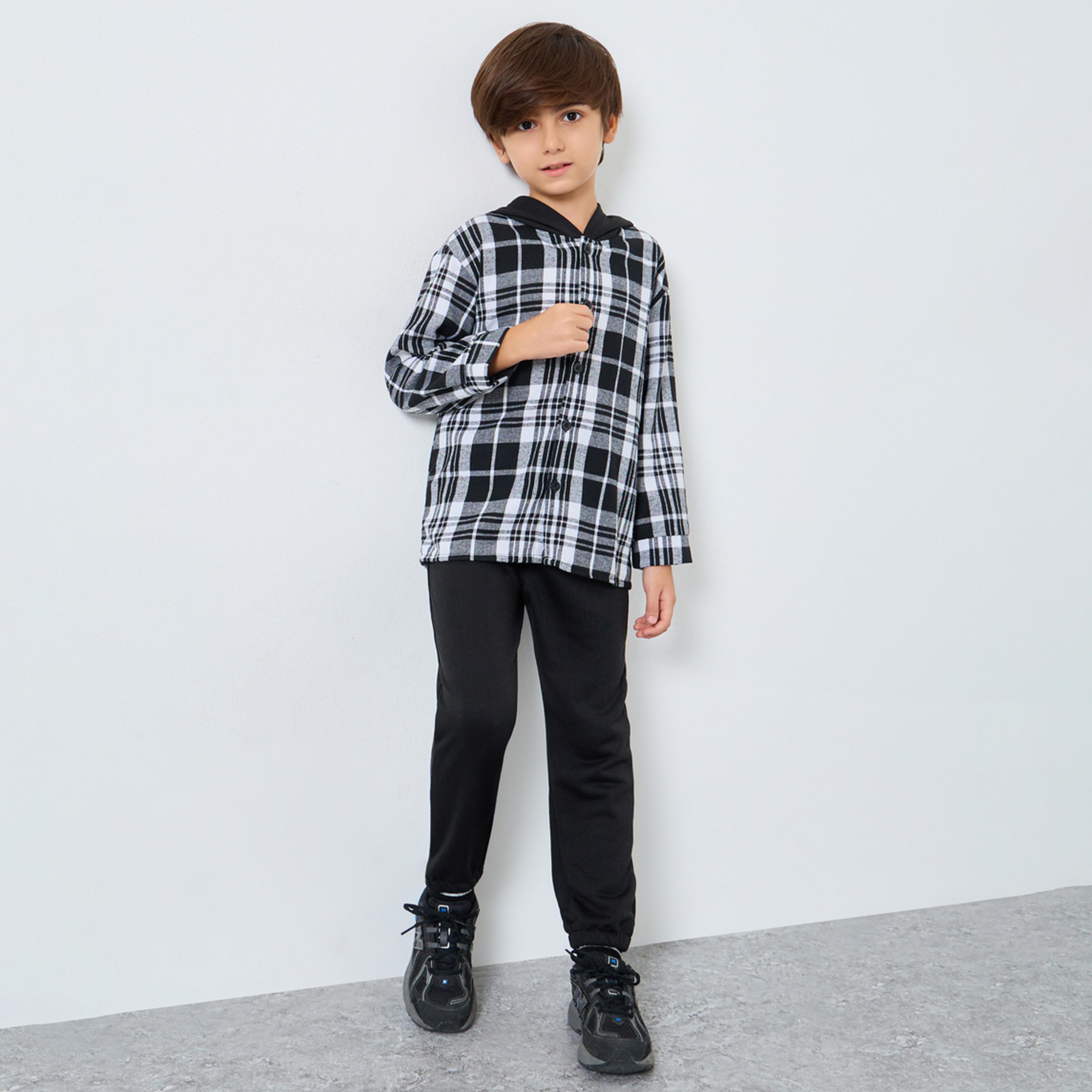 ستايلي - طقم قميص وبنطال رياضي من الفلانيل بنقشة مربعات للأولاد-boys-clothing-setsandcoords-image-1