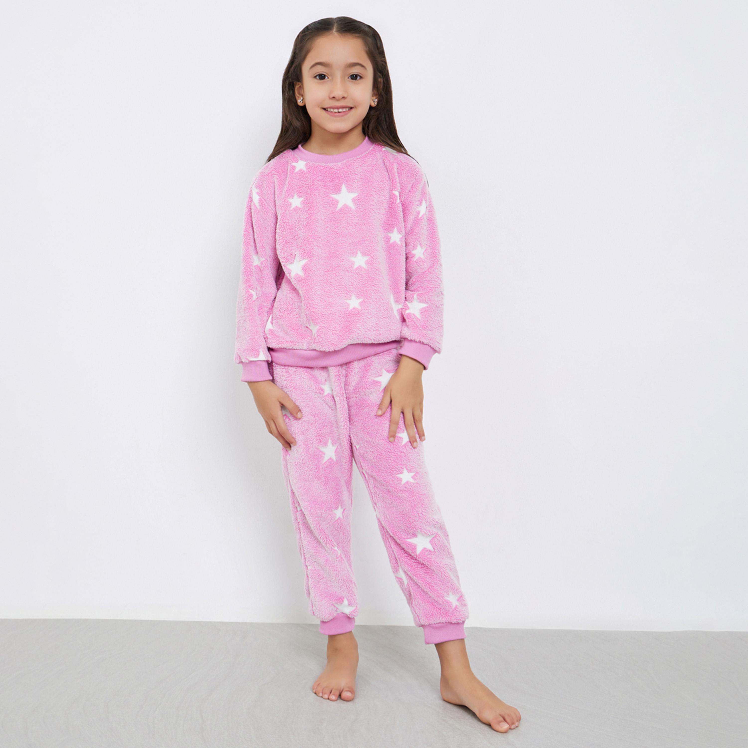 Styli Girls Pink Star Print Fleece Top with Pyjama Set-girls-clothing-nightwear-image-1