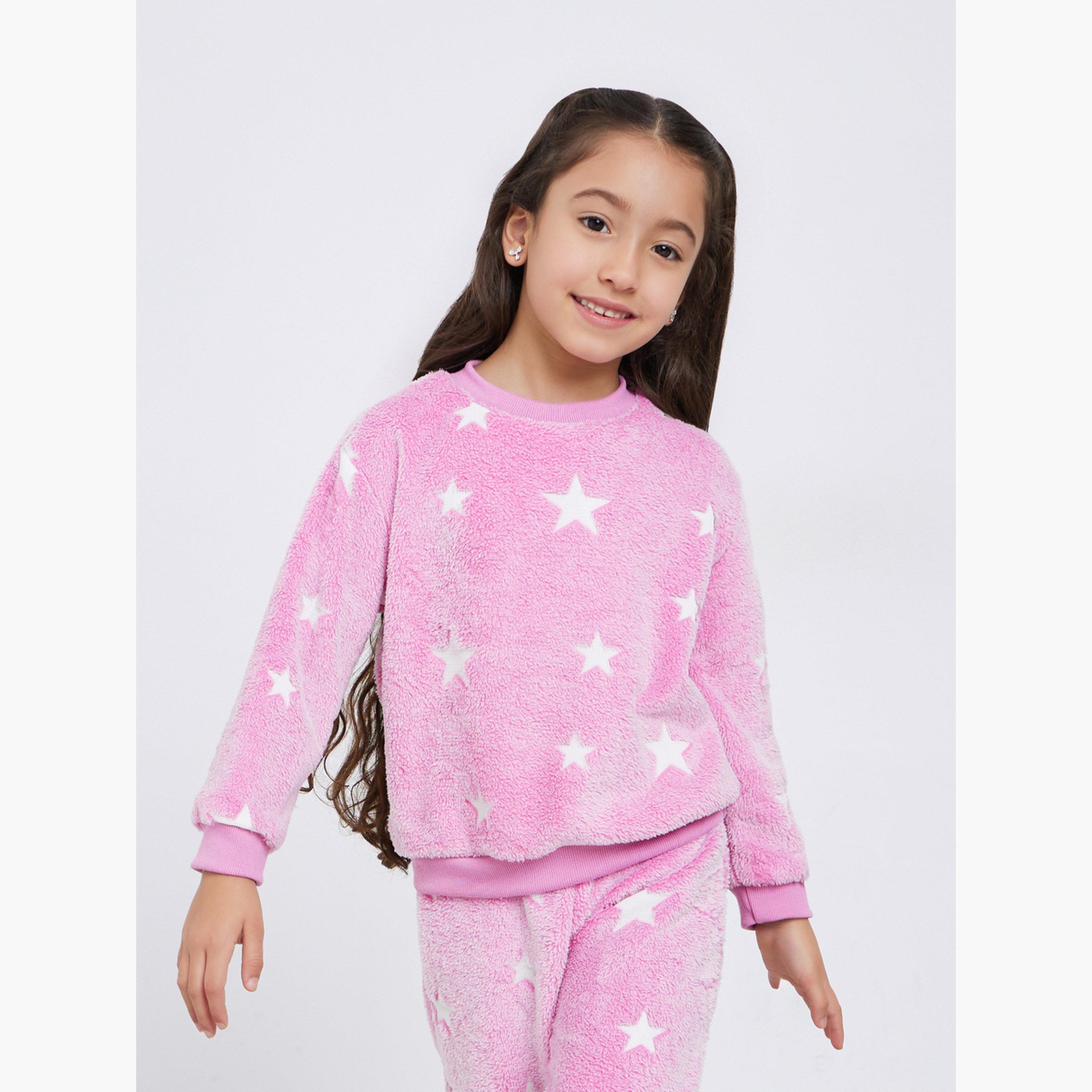 Styli Girls Pink Star Print Fleece Top with Pyjama Set-girls-clothing-nightwear-image-2