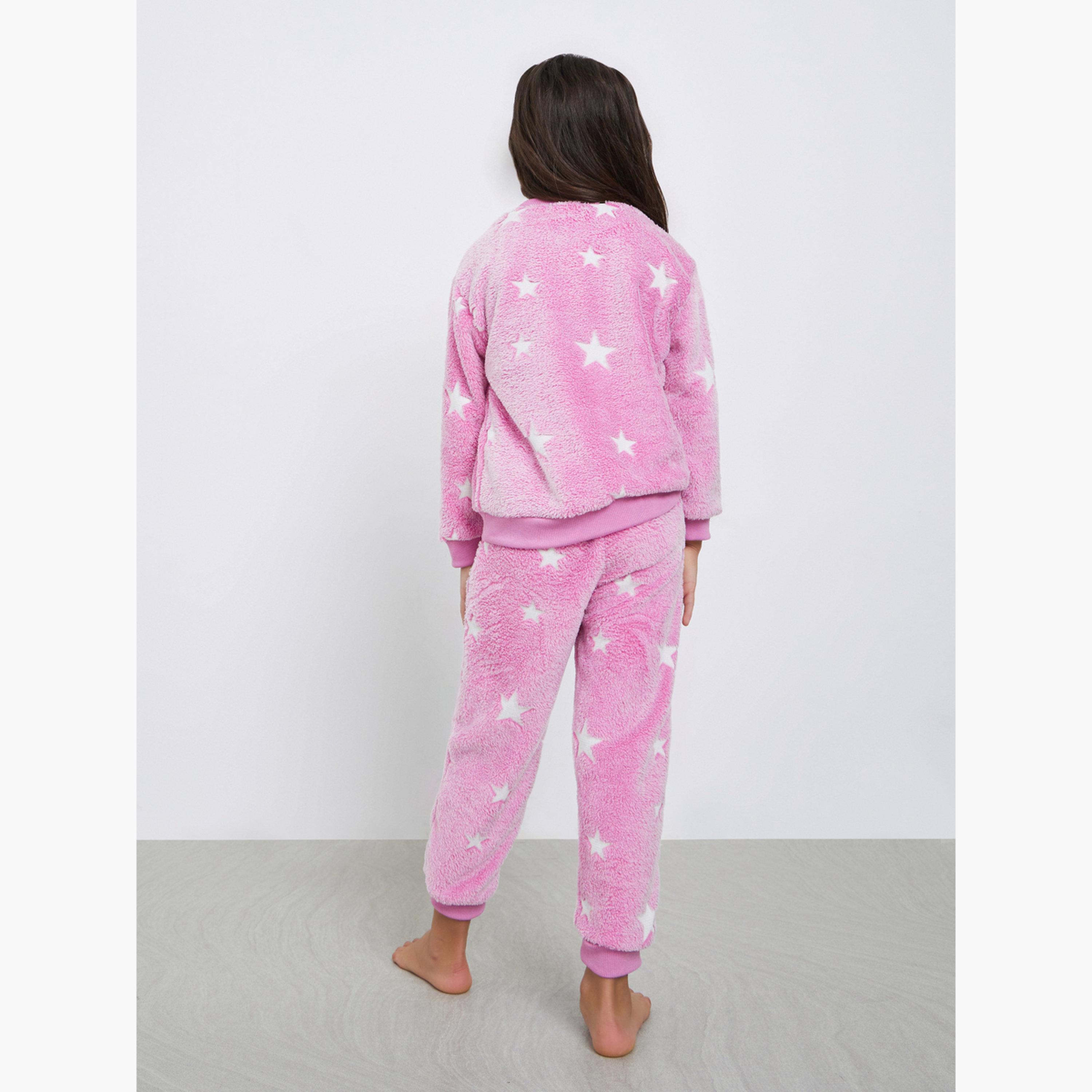 Styli Girls Pink Star Print Fleece Top with Pyjama Set-girls-clothing-nightwear-image-4