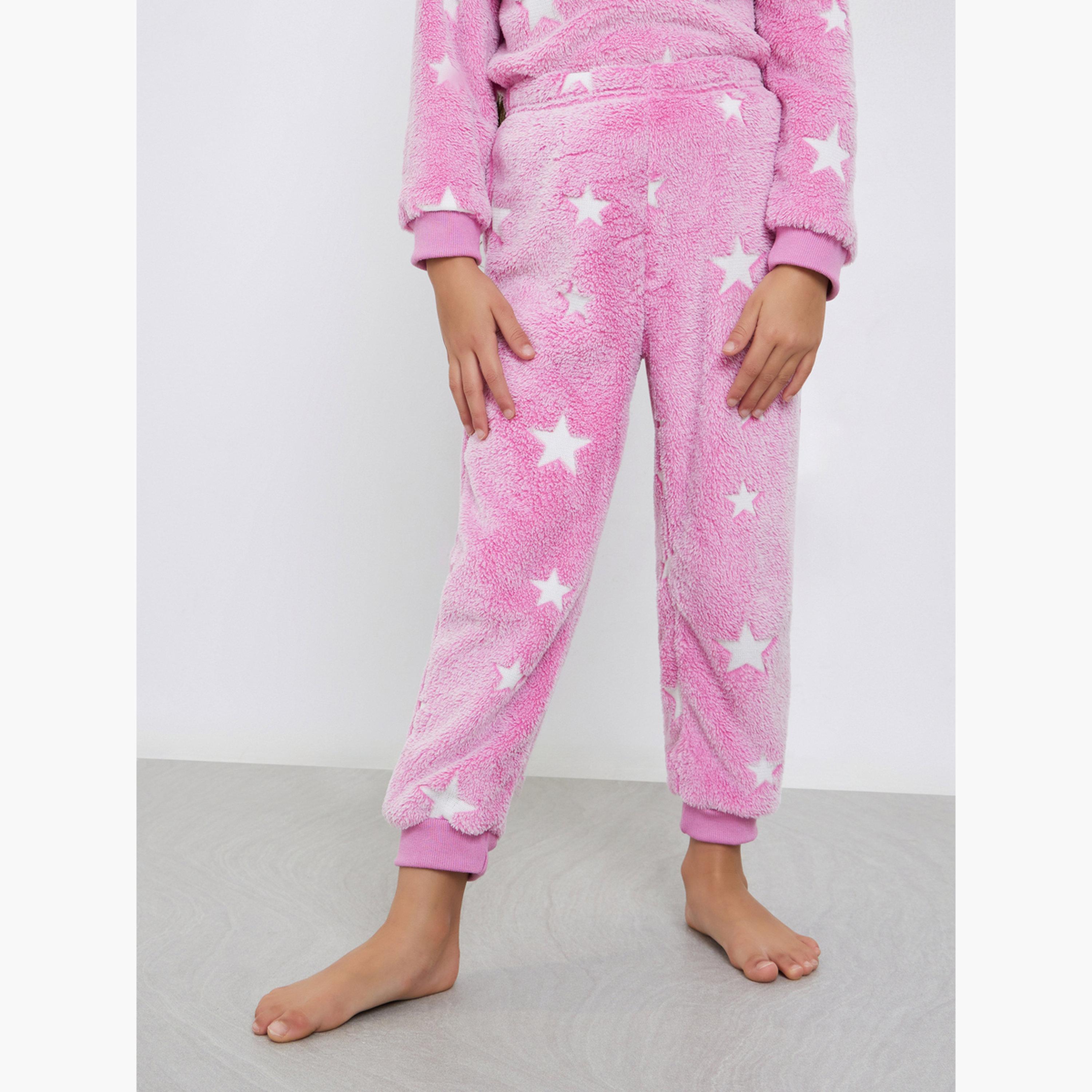 Styli Girls Pink Star Print Fleece Top with Pyjama Set-girls-clothing-nightwear-image-5