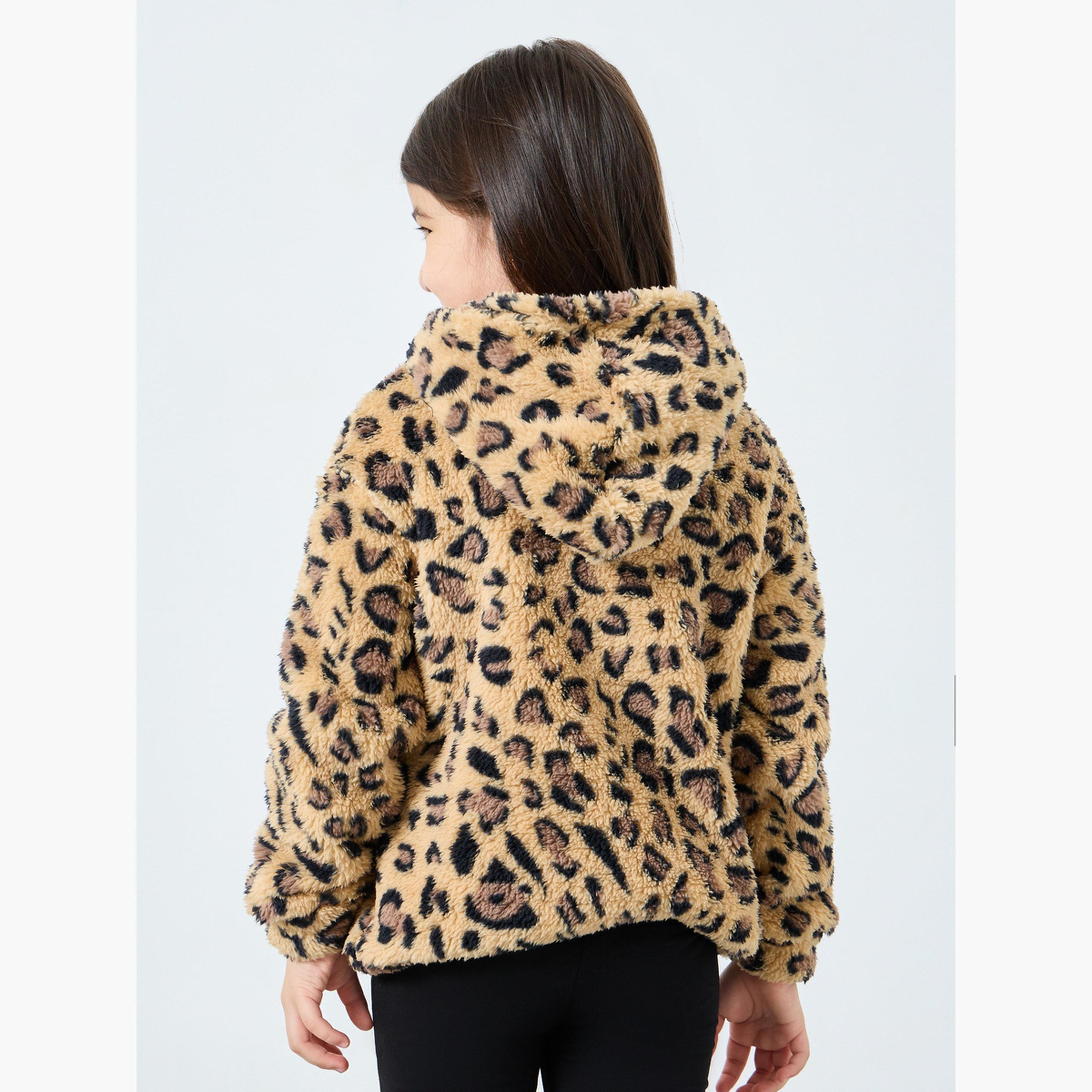 ستايلي - هودي بطبعة حيوانات من الفرو الصناعي للبنات-girls-clothing-winterwear-jacketsandcoats-image-4