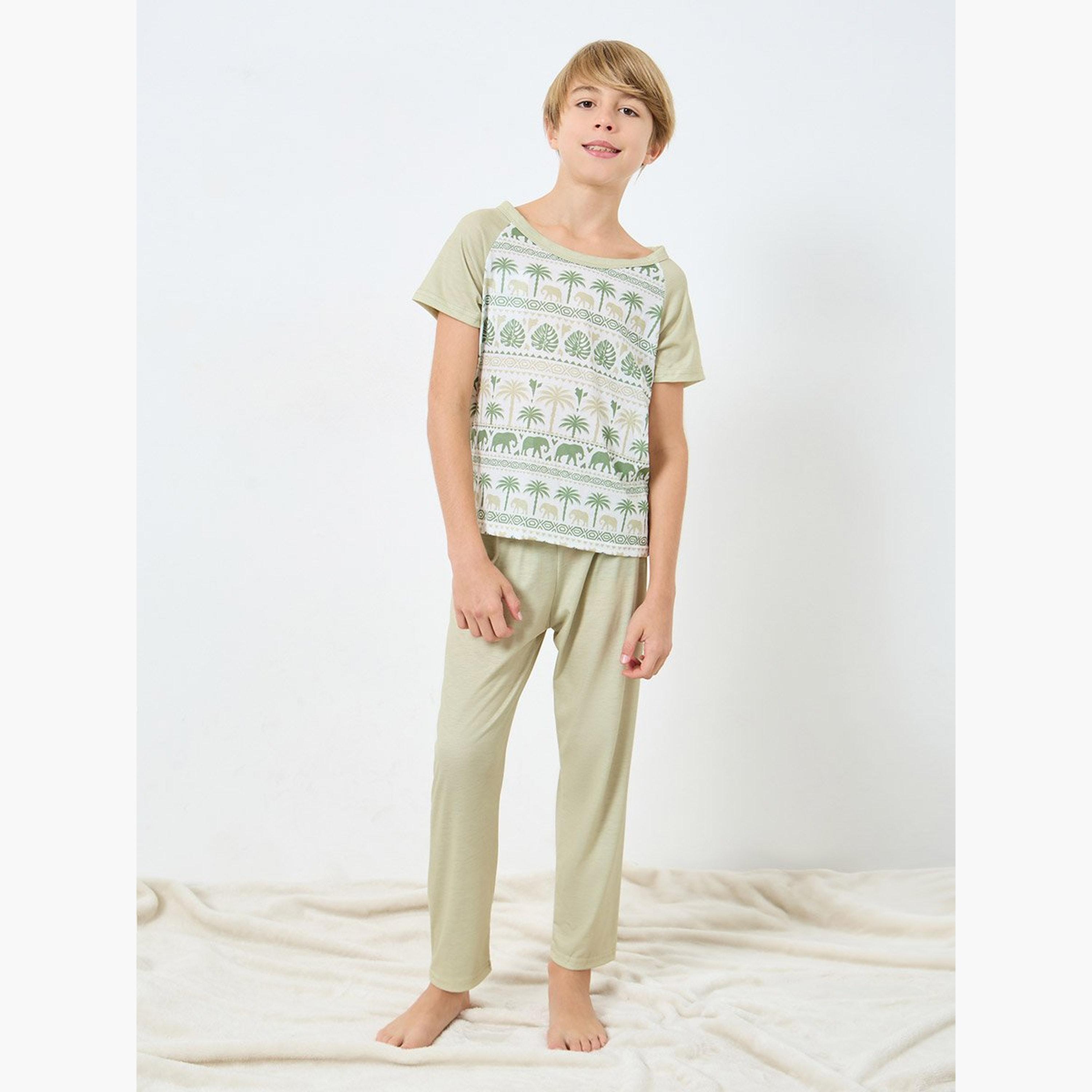 Take Two Boys Green Elephant Print T-Shirt and Pyjama Set-boys-clothing-nightwear-image-1