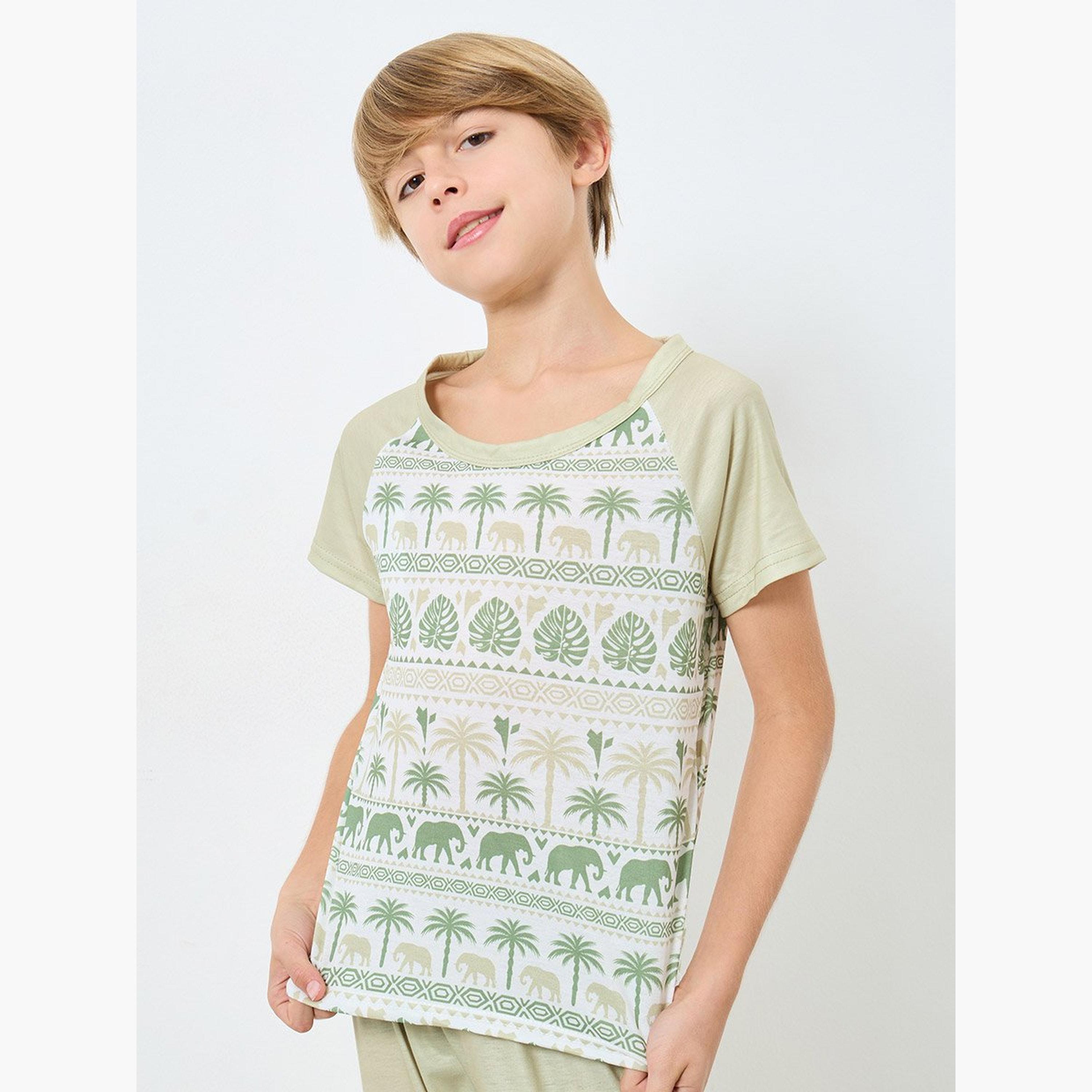 Take Two Boys Green Elephant Print T-Shirt and Pyjama Set-boys-clothing-nightwear-image-2