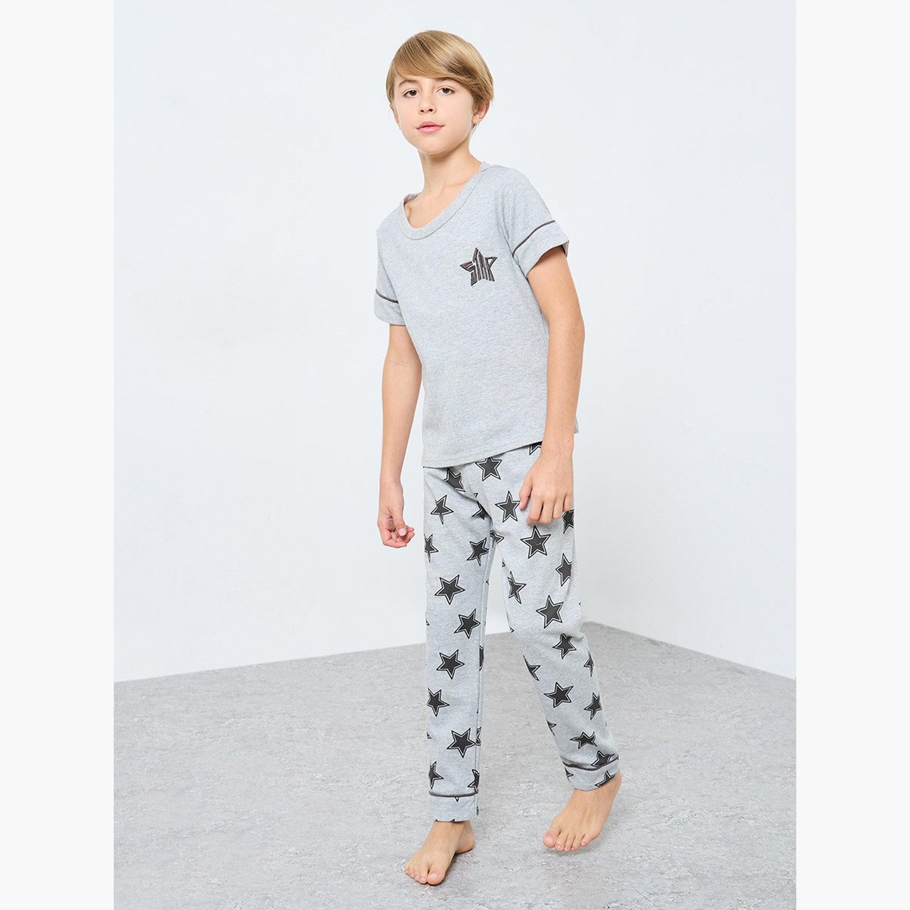 Take Two Boys Grey Star Print T-Shirt and Pyjama Set-boys-clothing-nightwear-image-1
