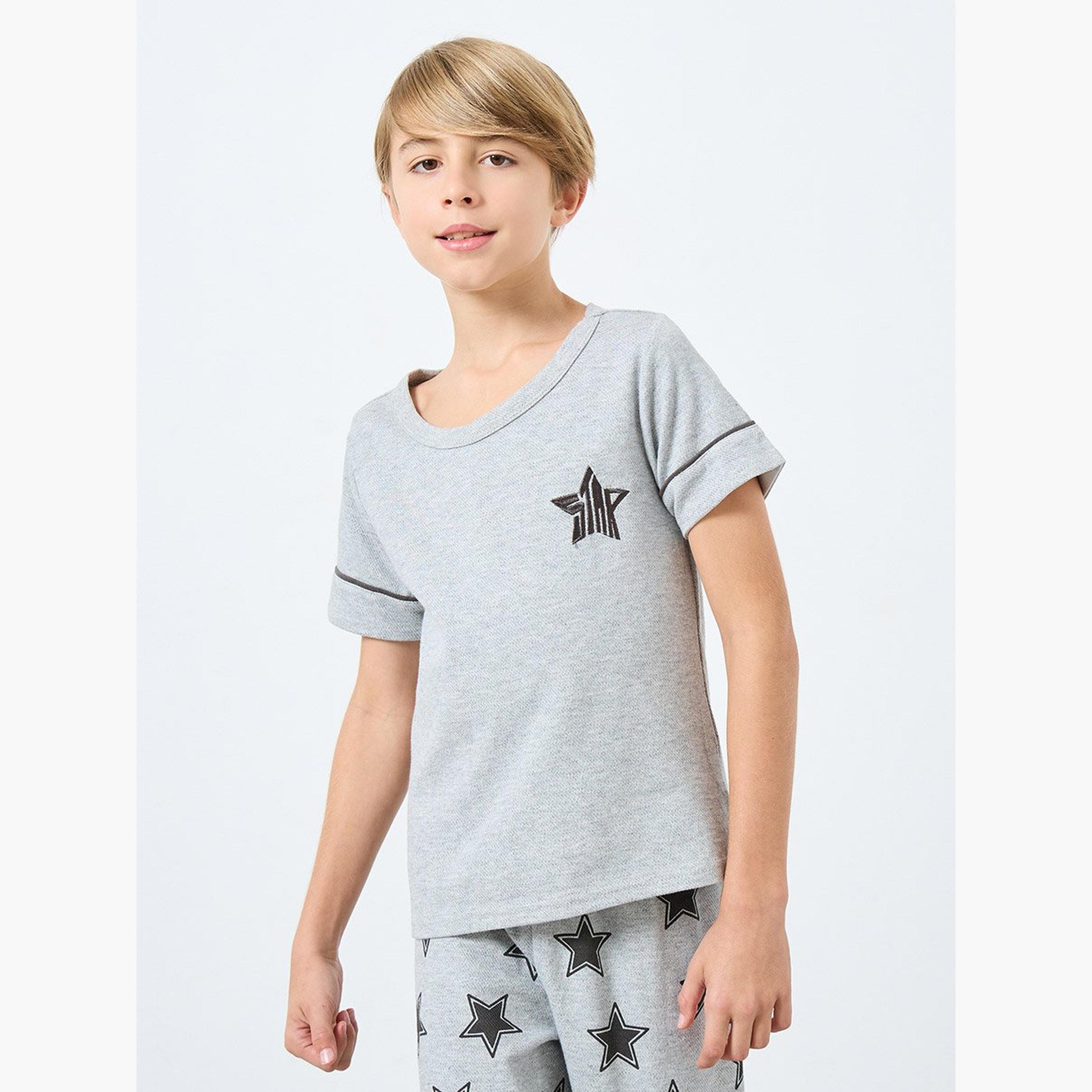 Take Two Boys Grey Star Print T-Shirt and Pyjama Set-boys-clothing-nightwear-image-2