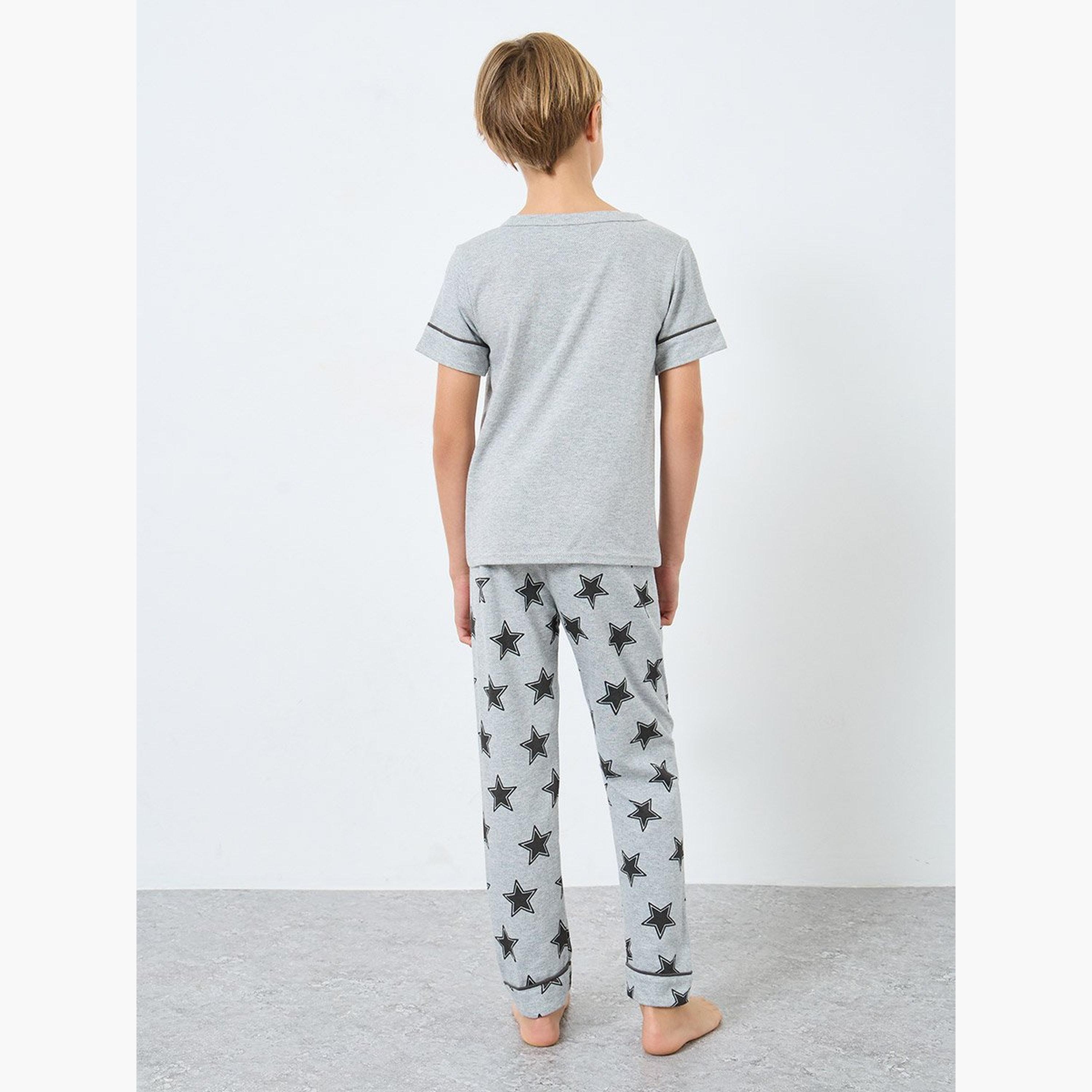 Take Two Boys Grey Star Print T-Shirt and Pyjama Set-boys-clothing-nightwear-image-4
