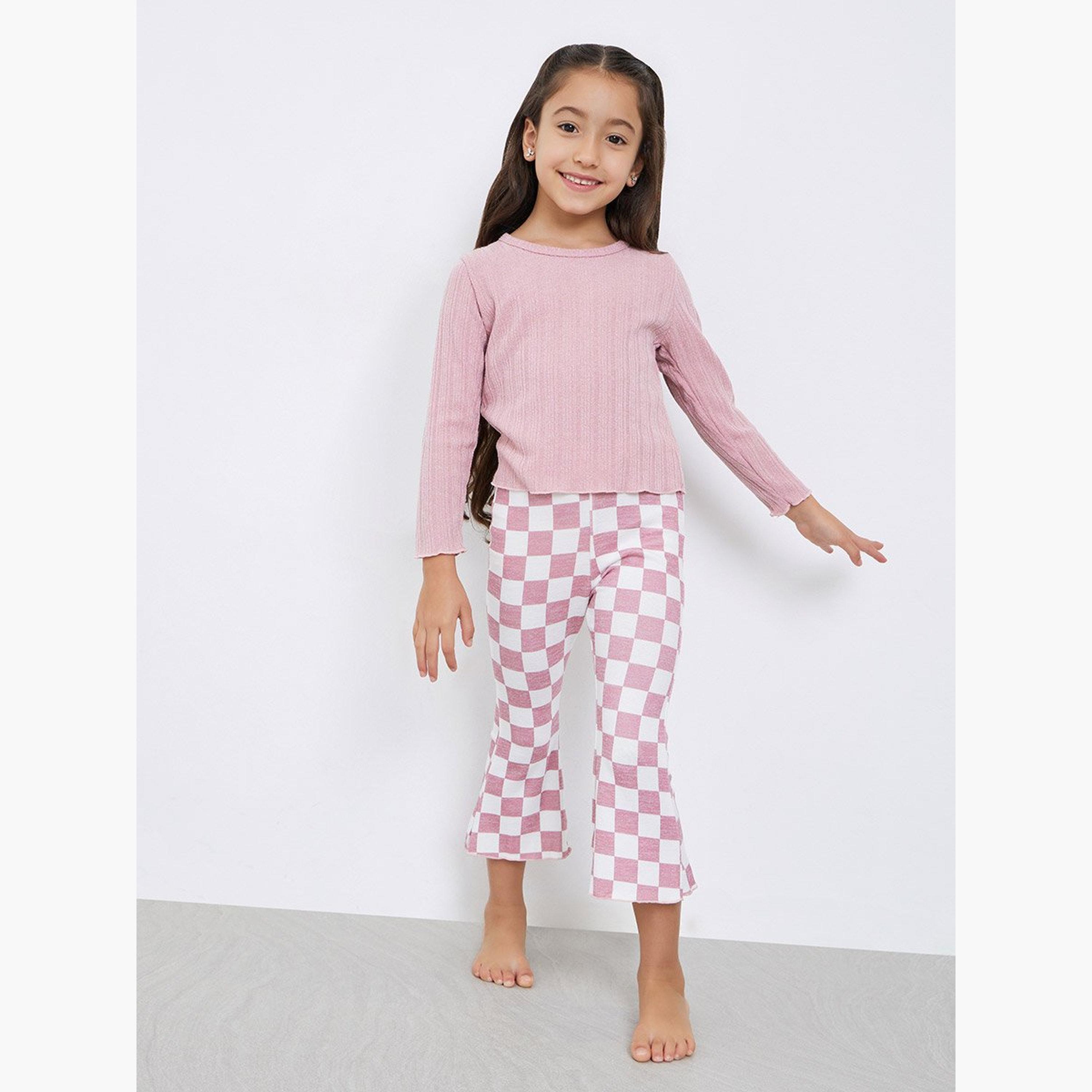 Take Two Girls Textured T-Shirt and Checked Flared Pants Set-girls-clothing-setsandcoords-image-1