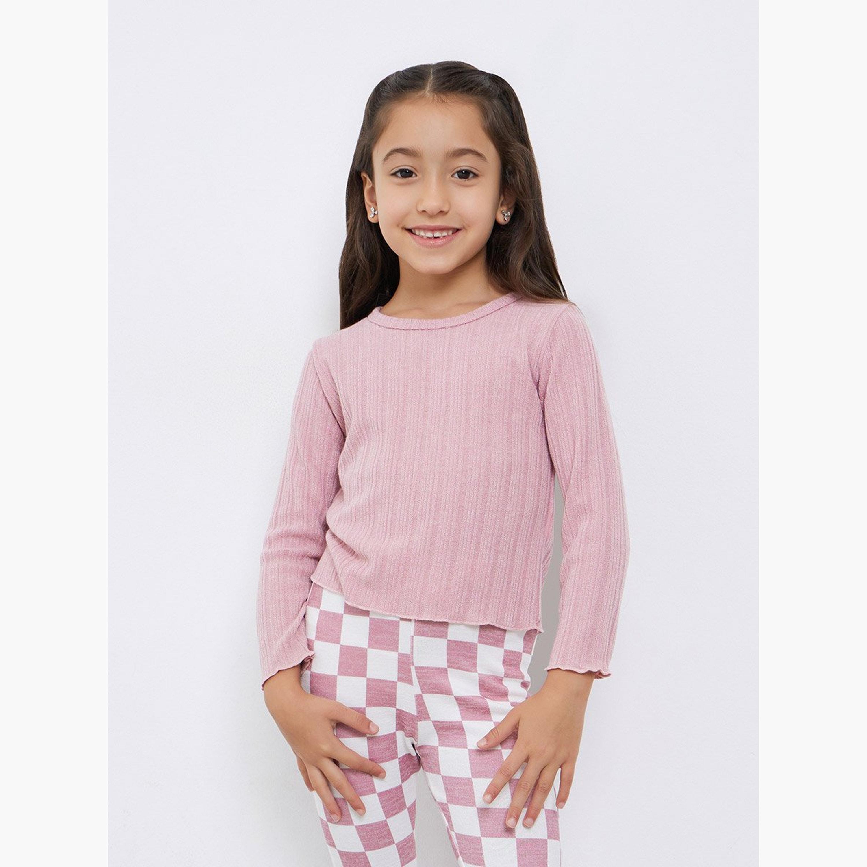 Take Two Girls Textured T-Shirt and Checked Flared Pants Set-girls-clothing-setsandcoords-image-3