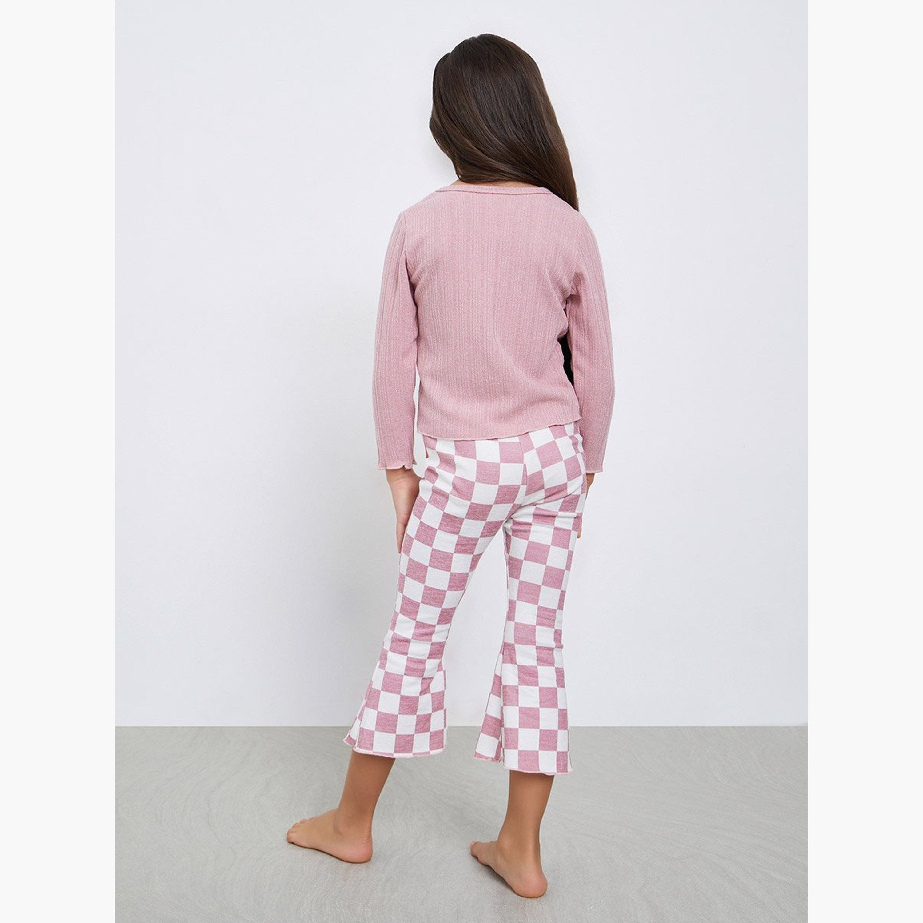Take Two Girls Textured T-Shirt and Checked Flared Pants Set-girls-clothing-setsandcoords-image-5