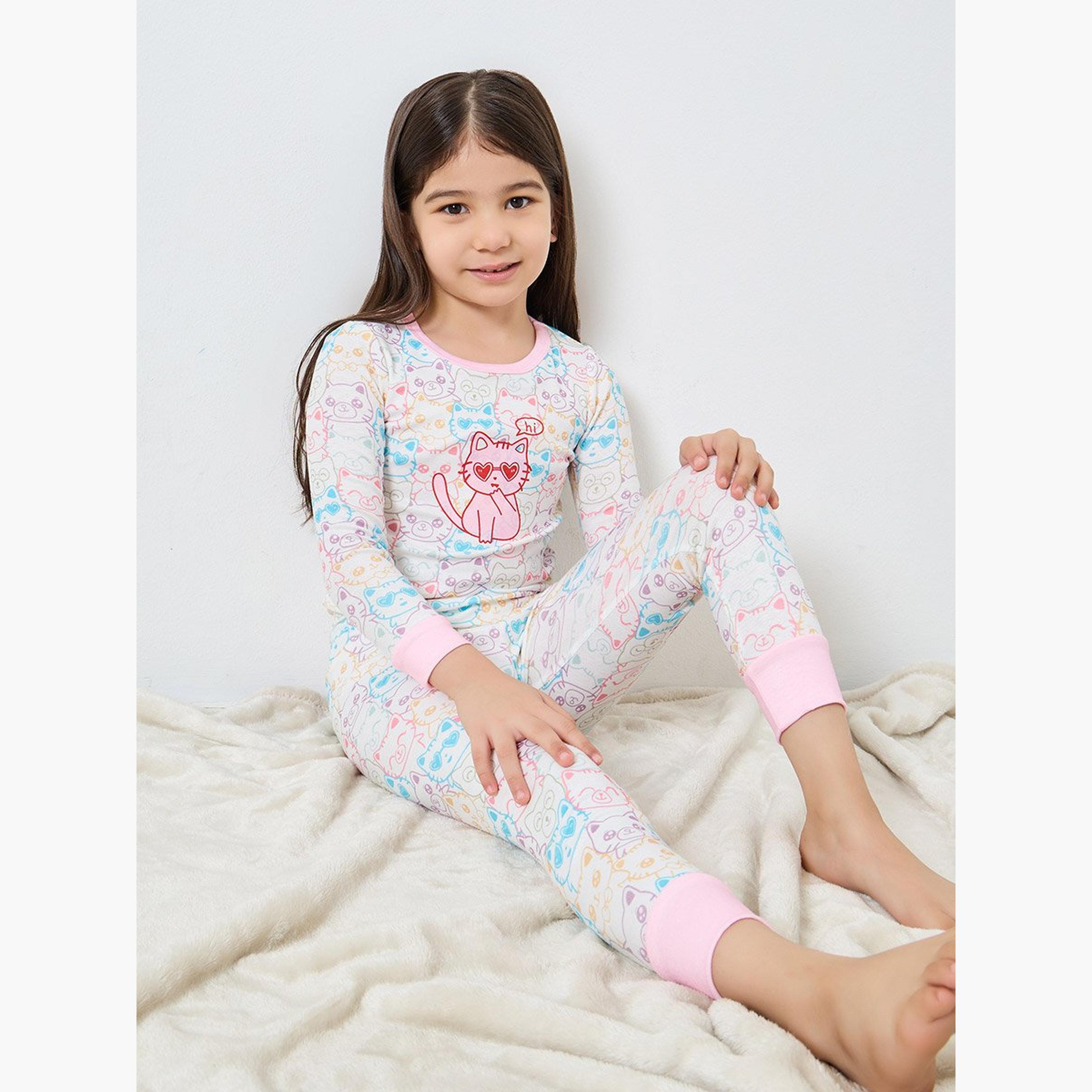 Take Two Girls Cat Graphic T-Shirt and Cuffed Pyjama Set-girls-clothing-nightwear-image-2