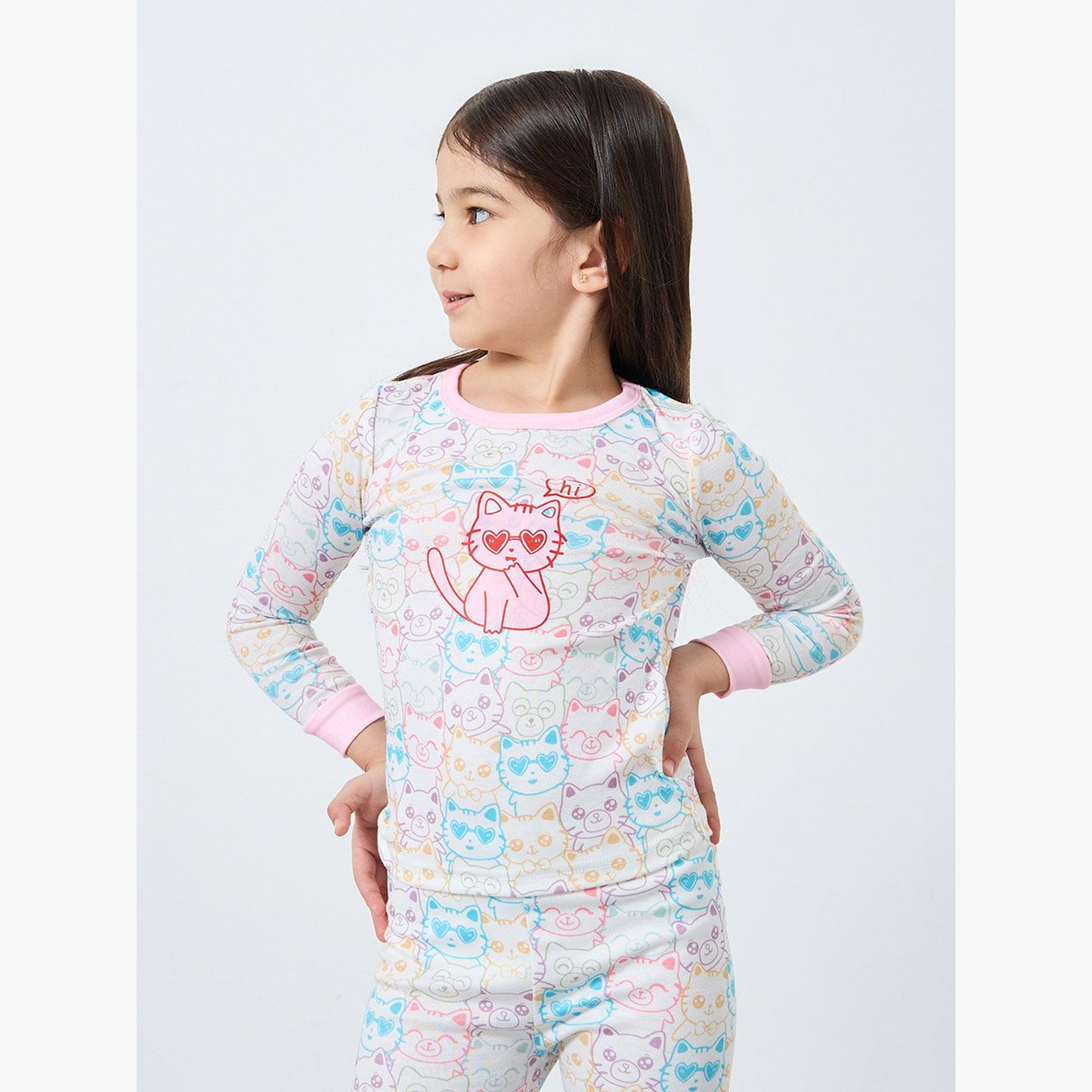 Take Two Girls Cat Graphic T-Shirt and Cuffed Pyjama Set-girls-clothing-nightwear-image-3