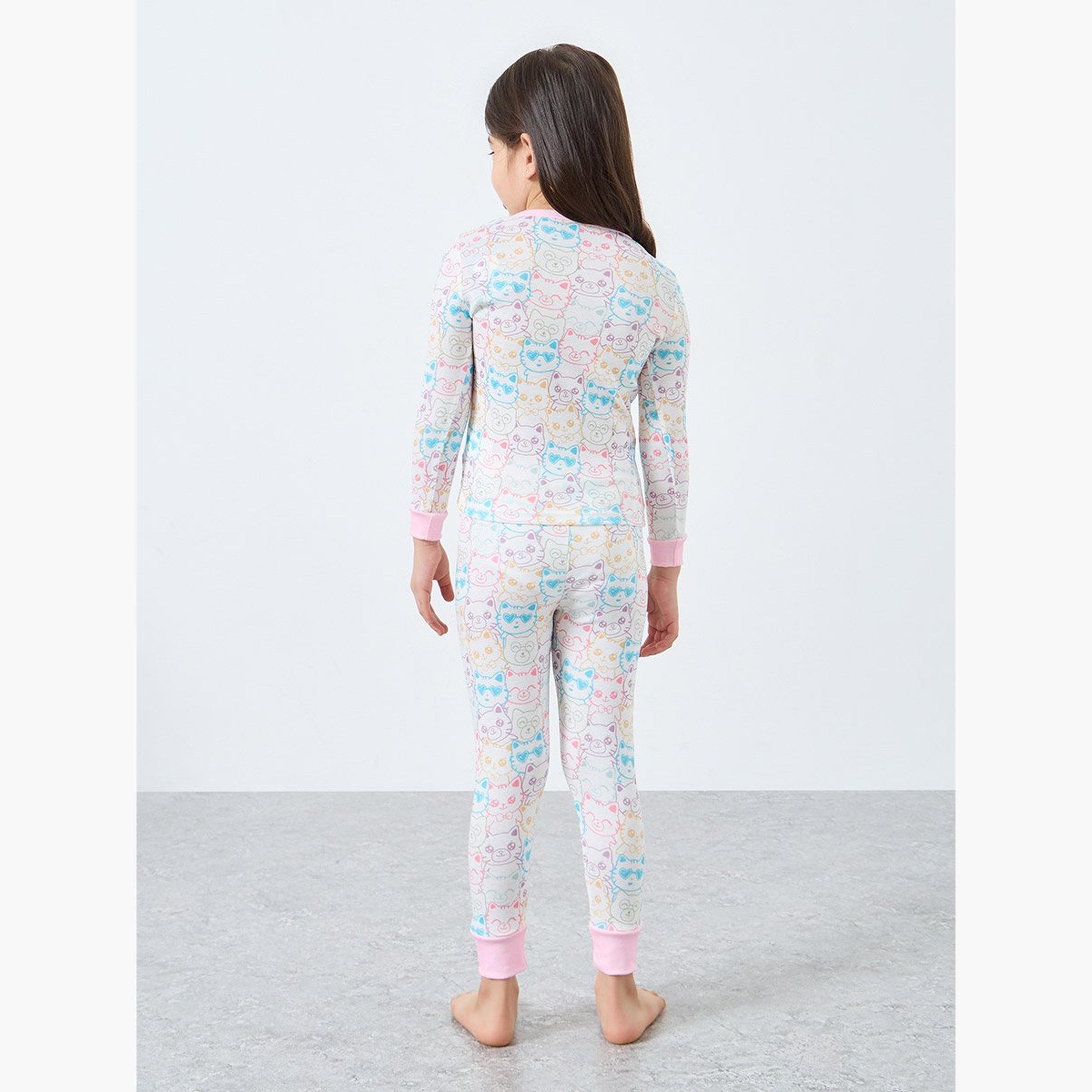Take Two Girls Cat Graphic T-Shirt and Cuffed Pyjama Set-girls-clothing-nightwear-image-5