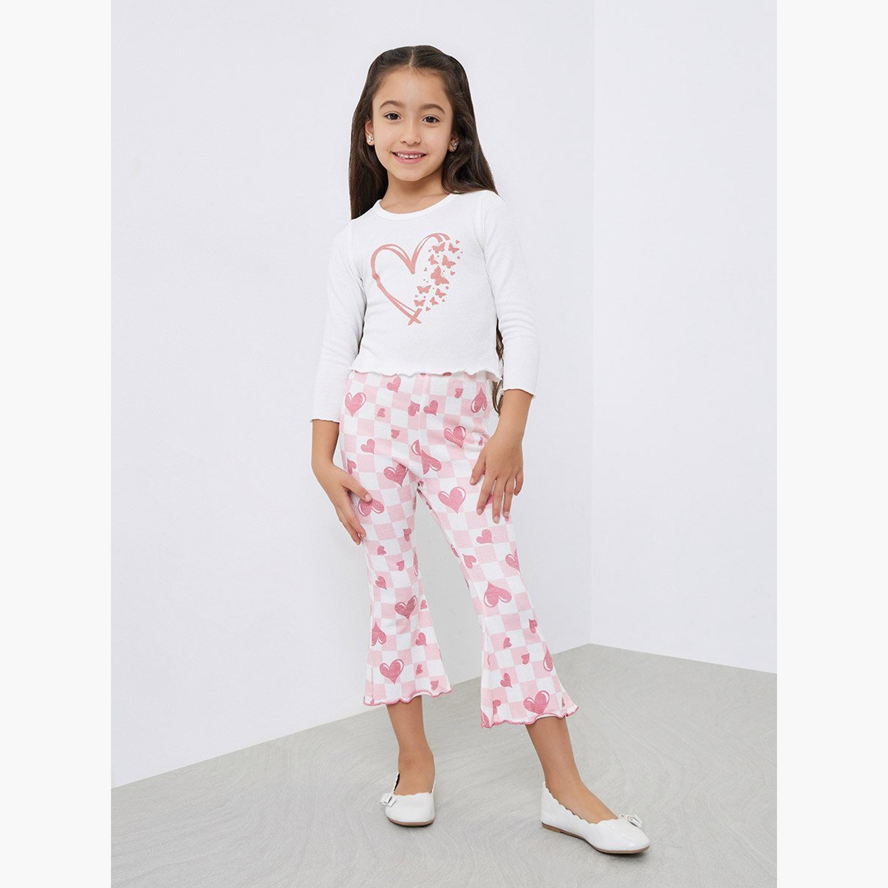 طقم تيشيرت بطبعة قلب مع ليقنز واسع-girls-clothing-setsandcoords-image-1