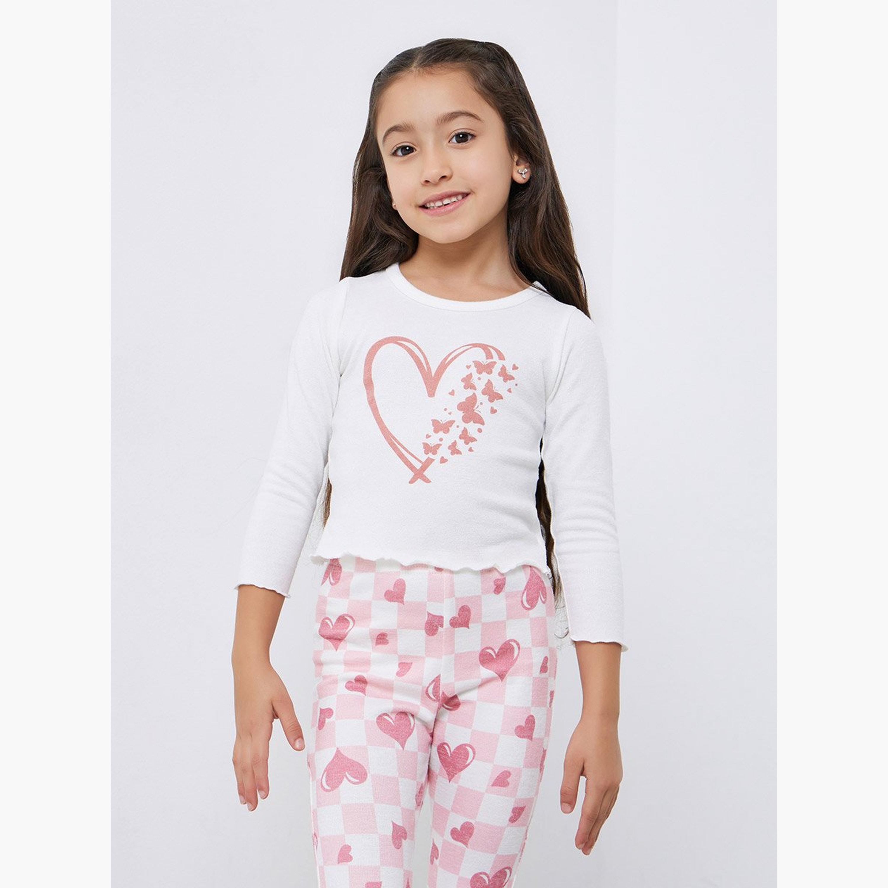 طقم تيشيرت بطبعة قلب مع ليقنز واسع-girls-clothing-setsandcoords-image-2