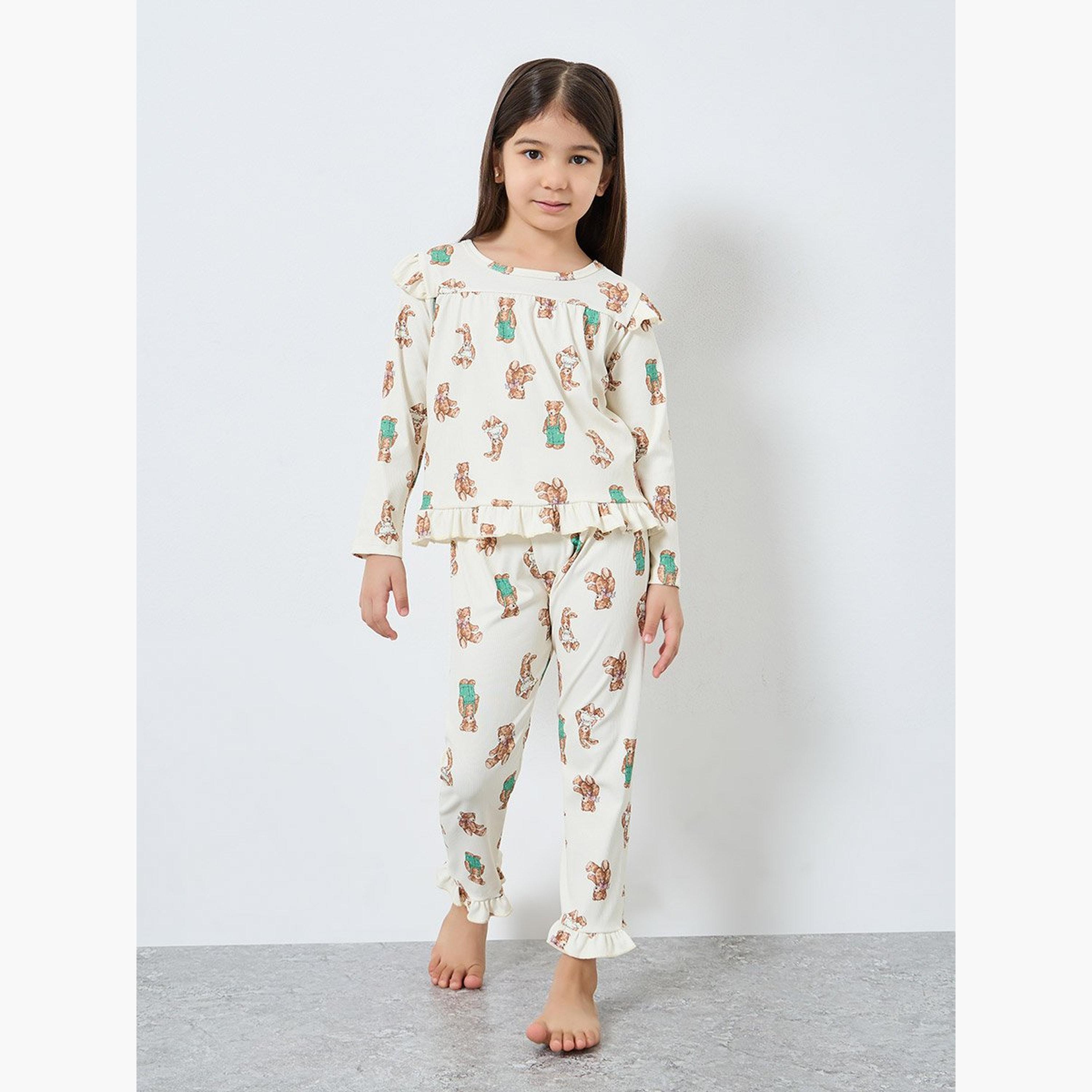 Take Two Girls Bear Graphic Ruffled Top and Pyjama Set-girls-clothing-nightwear-image-1