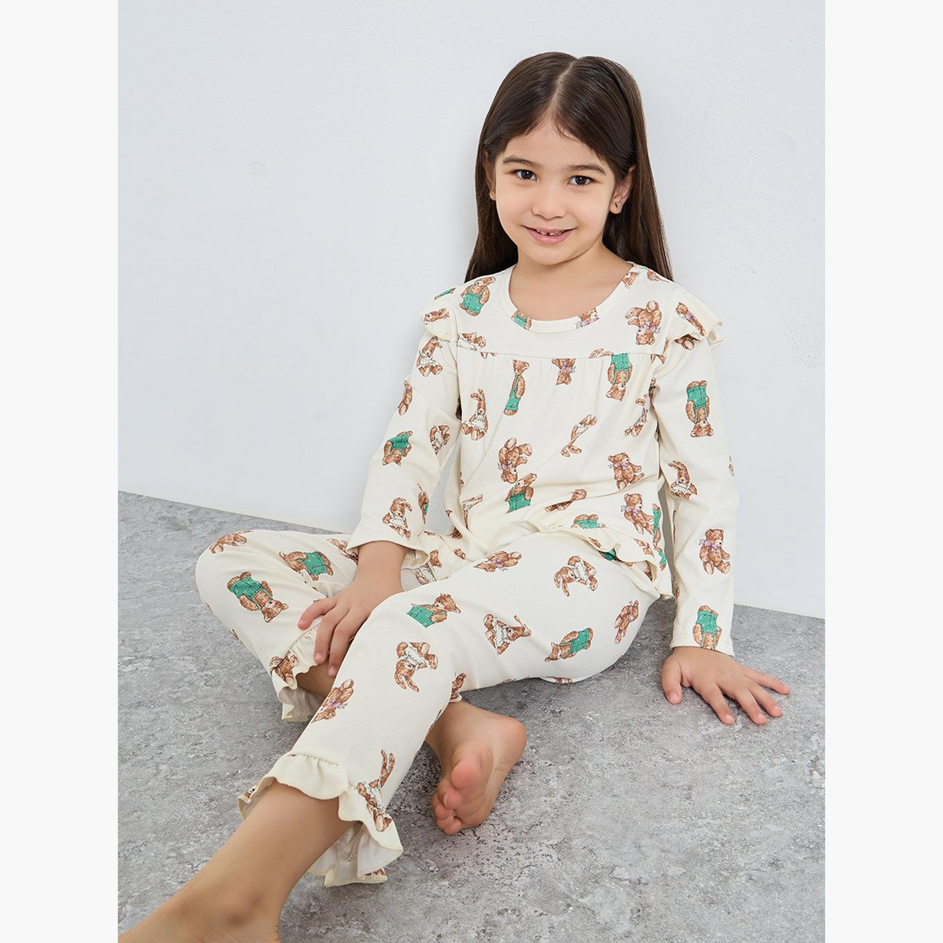 Take Two Girls Bear Graphic Ruffled Top and Pyjama Set-girls-clothing-nightwear-image-2