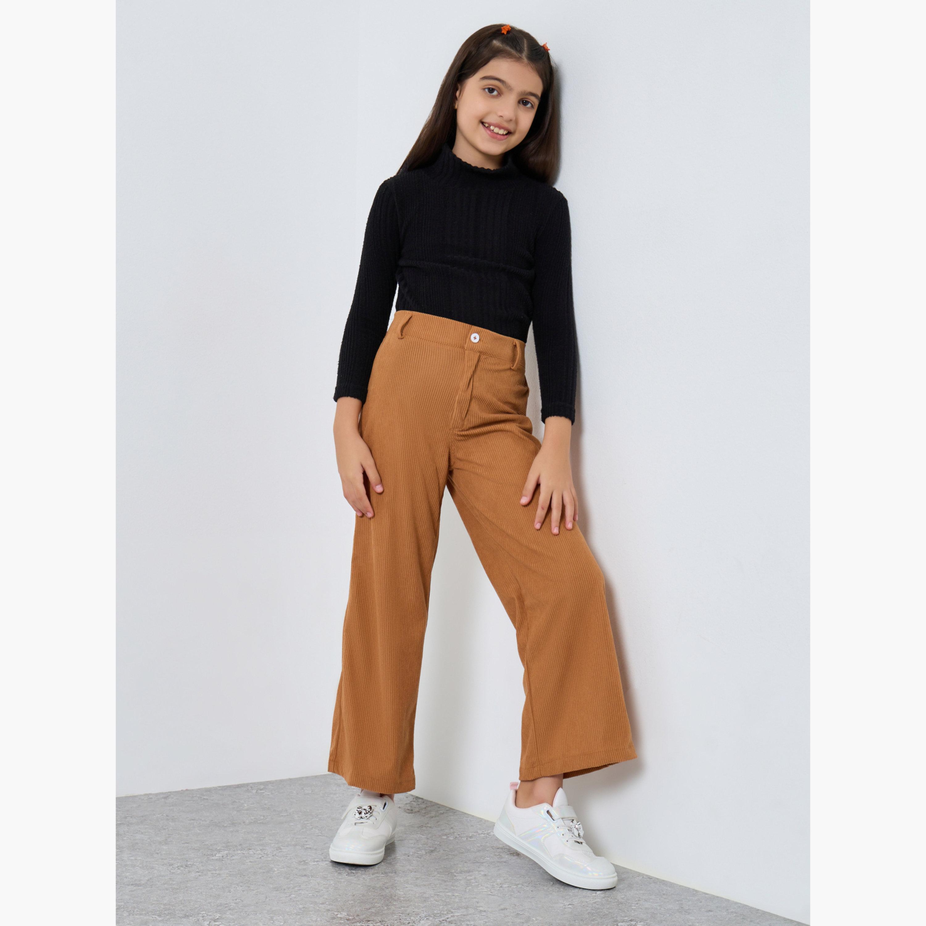 ستايلي - بنطال واسع الساق من قماش مخملي صدئ للبنات والمراهقات-girls-clothing-bottoms-trousers-image-2