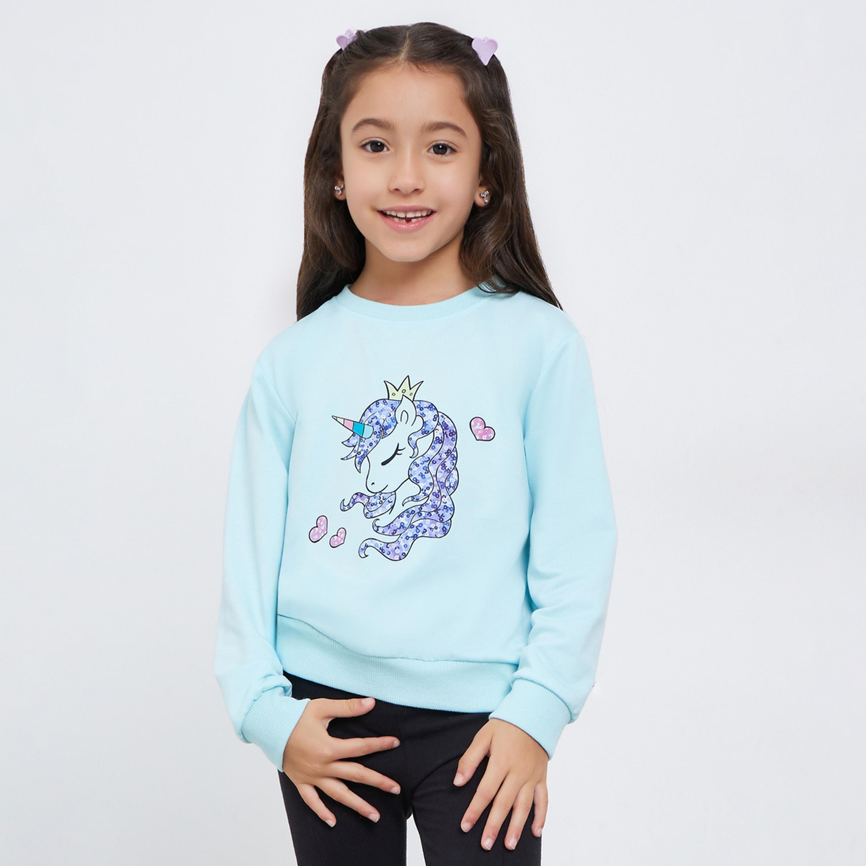 ستايلي - سويت شيرت أزرق برسومات يونيكورن للبنات-girls-clothing-sweatshirts-image-1