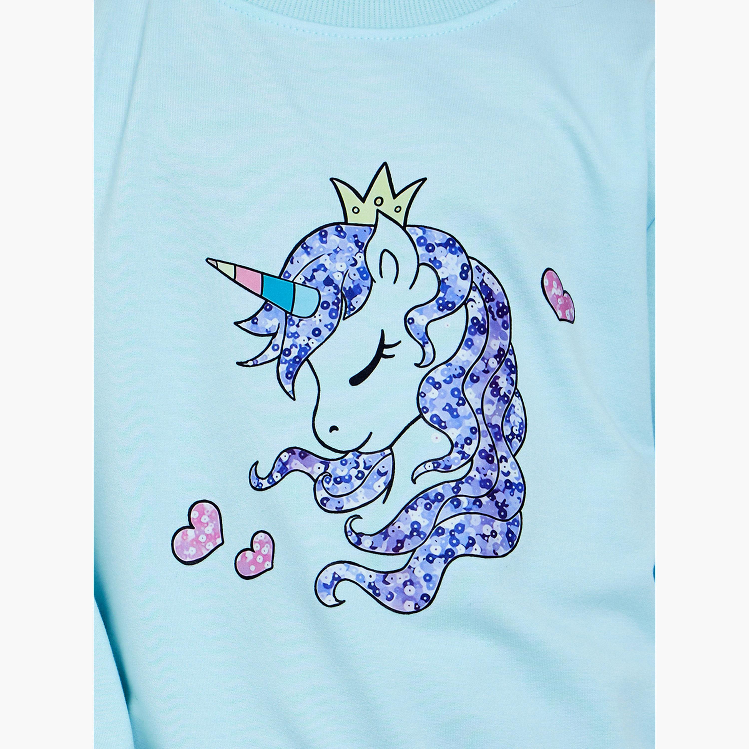 ستايلي - سويت شيرت أزرق برسومات يونيكورن للبنات-girls-clothing-sweatshirts-image-3