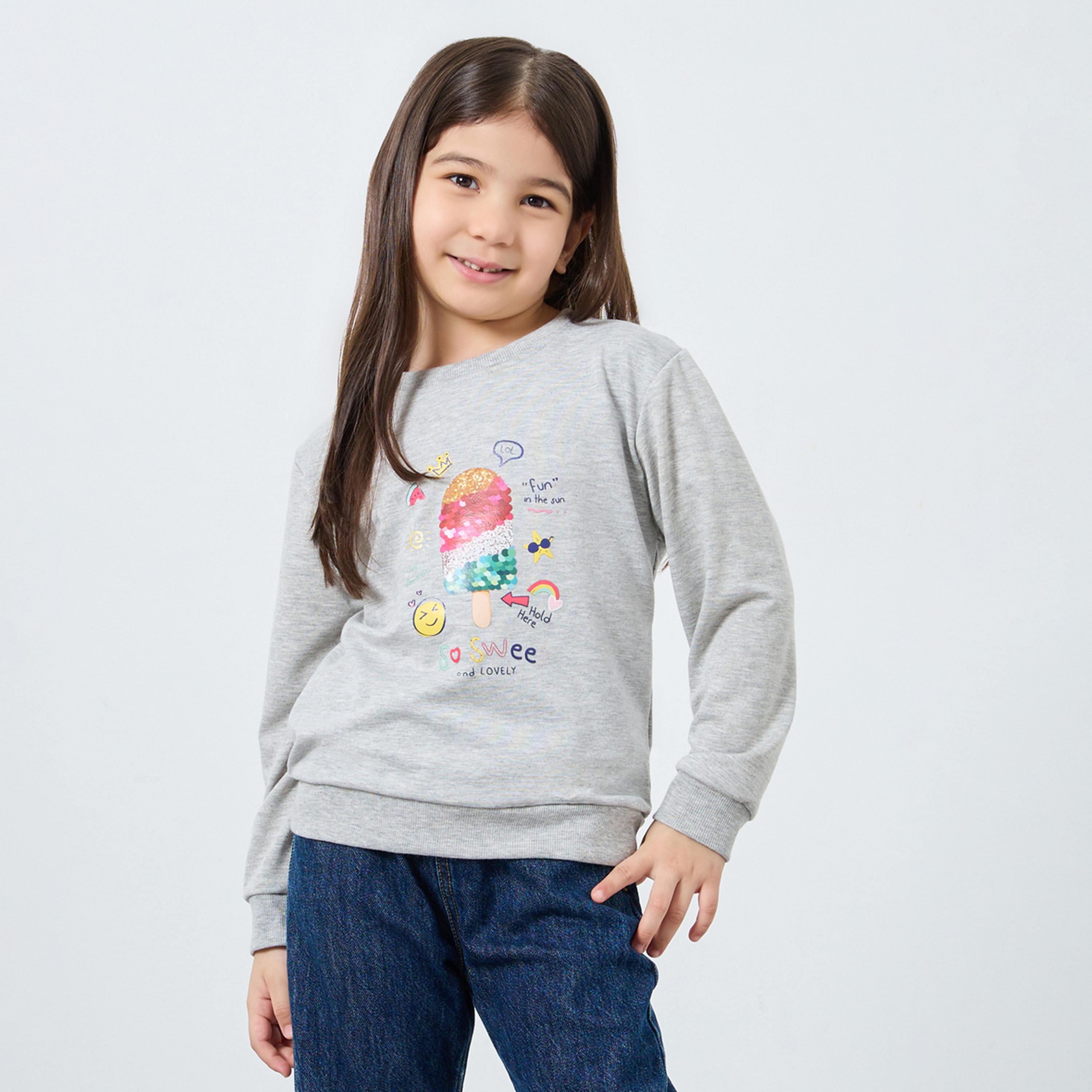ستايلي - سويت شيرت رمادي مطبوع عليه آيس كريم للبنات-girls-clothing-winterwear-sweatshirts-image-1