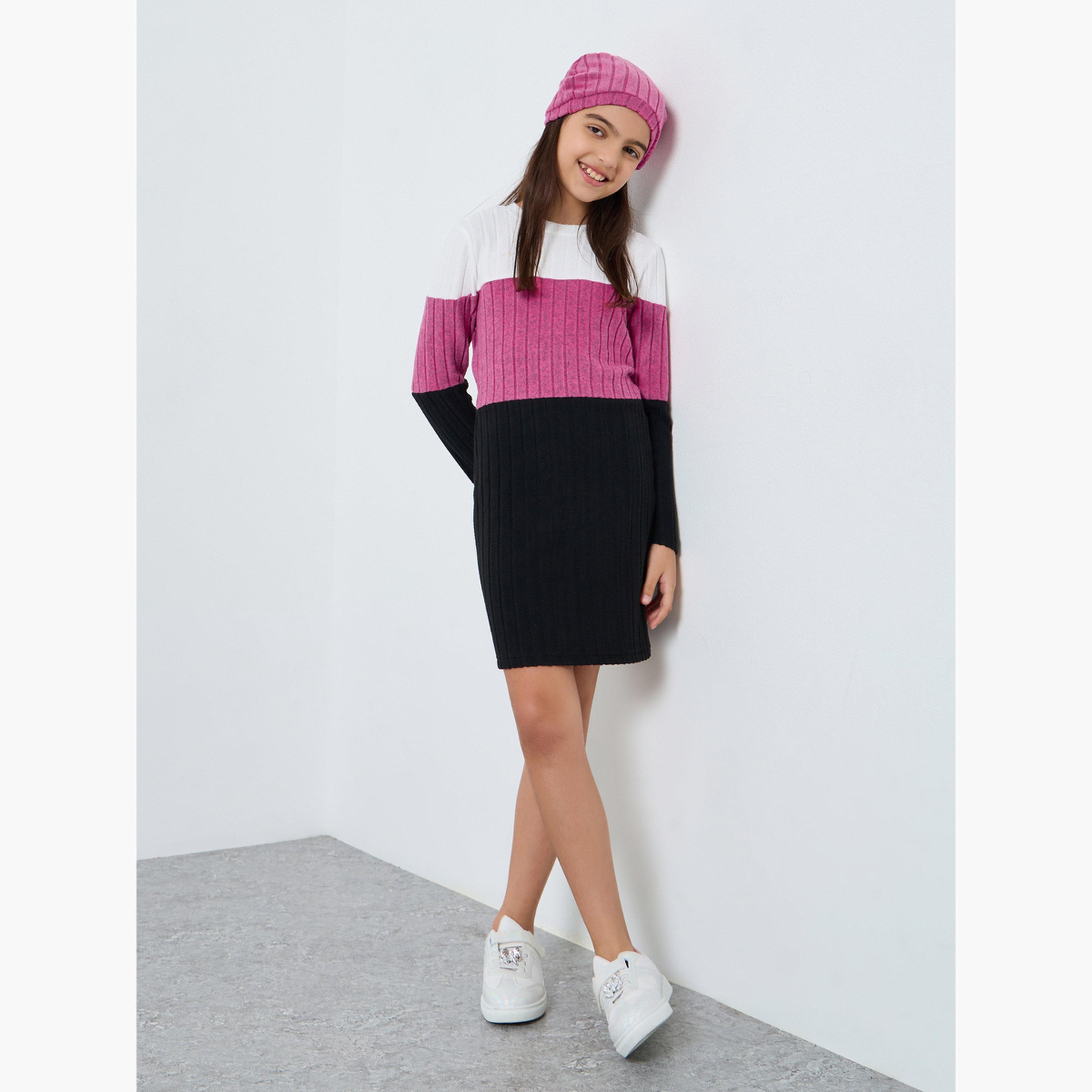 ستايلي - طقم فستان محبوك مسطح ملون للمراهقين مع قبعة صغيرة-girls-clothing-dressesandjumpsuits-image-1