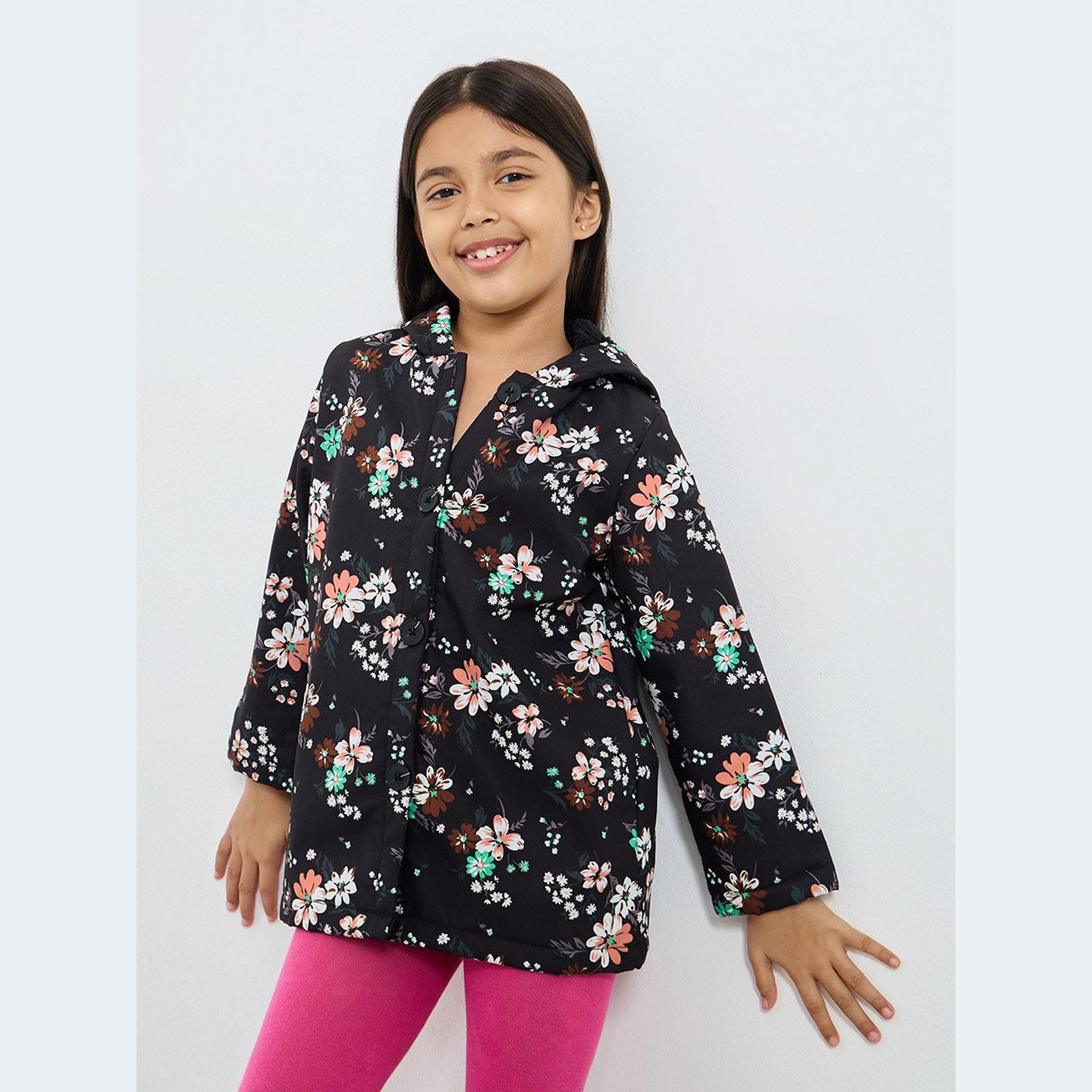 Styli Girls Floral Print Fur Lined Hooded Jacket-girls-clothing-winterwear-jacketsandcoats-image-1