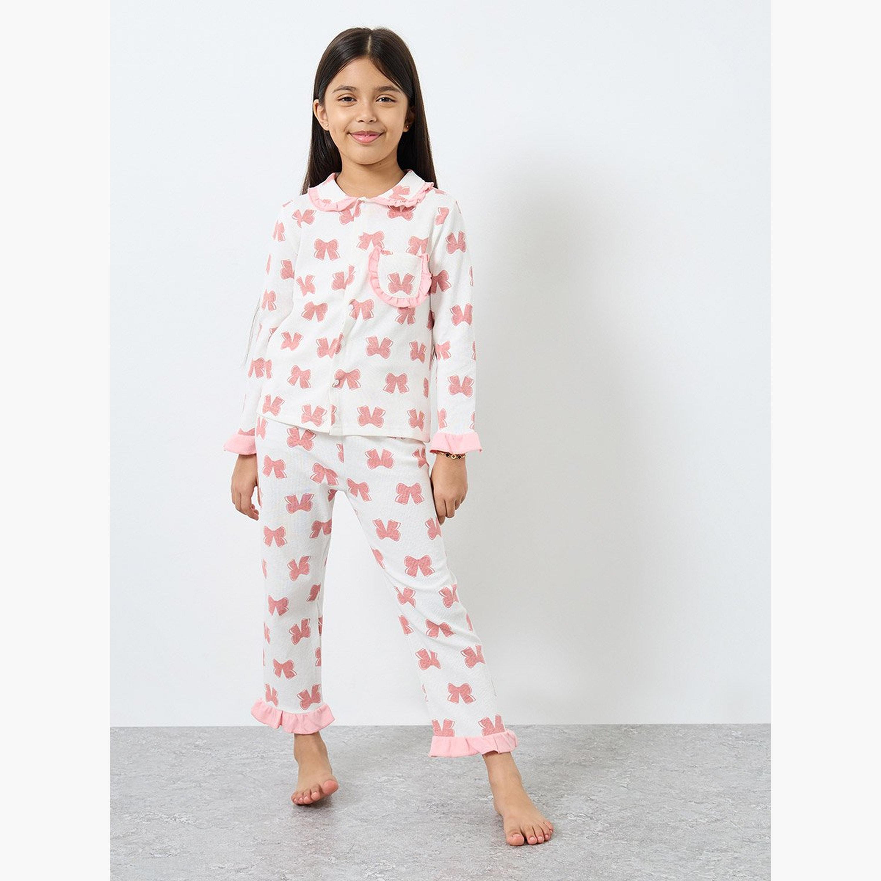 Styli Girls Bow Print Shirt and Pyjama Set-girls-clothing-nightwear-image-1