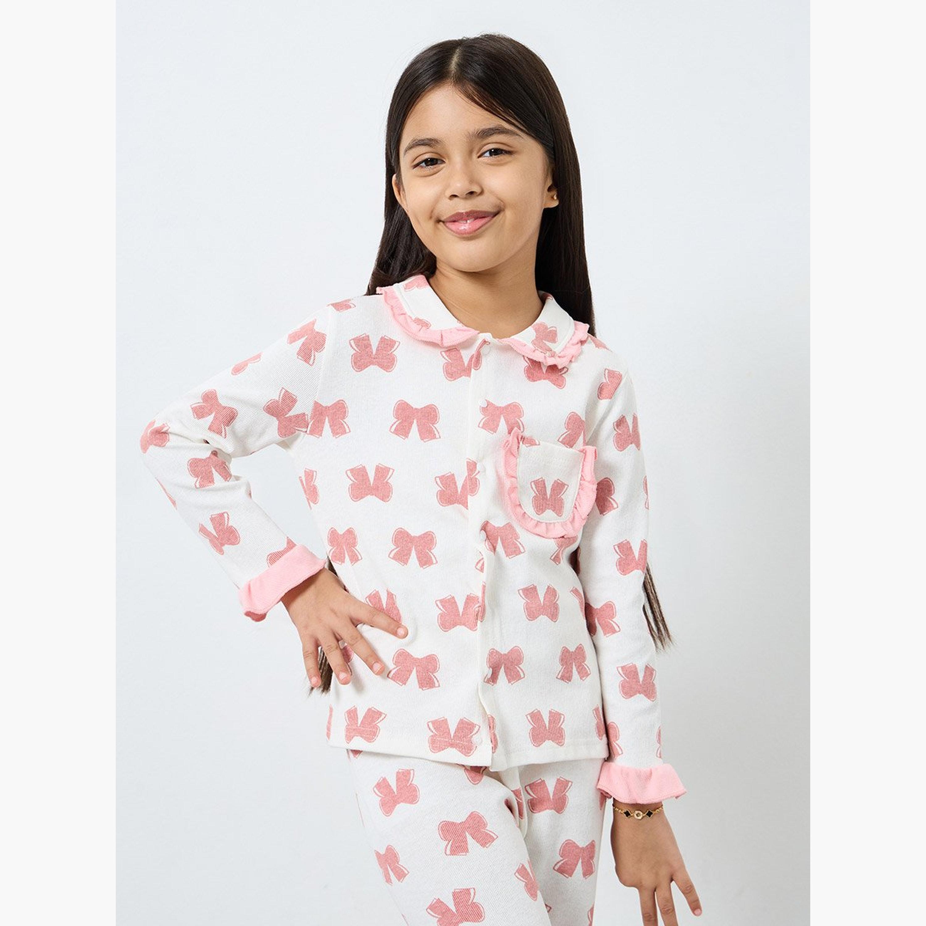 Styli Girls Bow Print Shirt and Pyjama Set-girls-clothing-nightwear-image-2